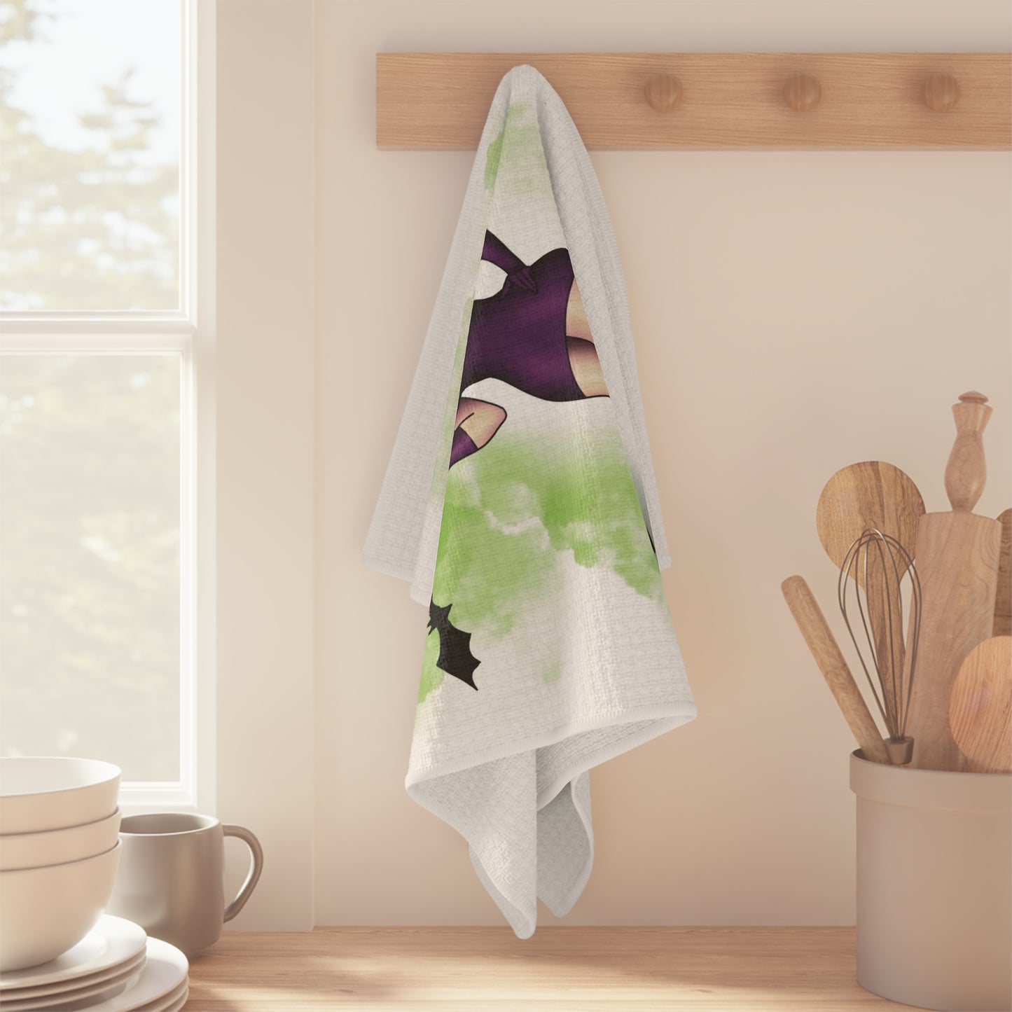 Pin-Up Witch Tea Towel — Vintage Halloween Kitchen Towel with Cauldron & Bats