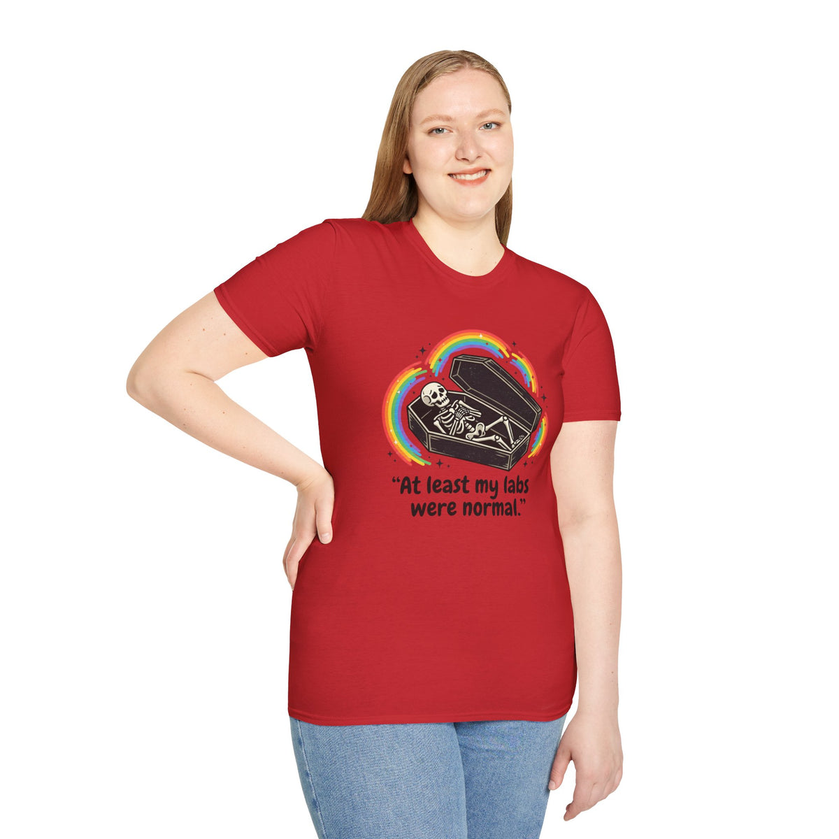 At Least My Labs Were Normal Skeleton in Coffin Rainbow Graphic T-Shirt Funny Medical