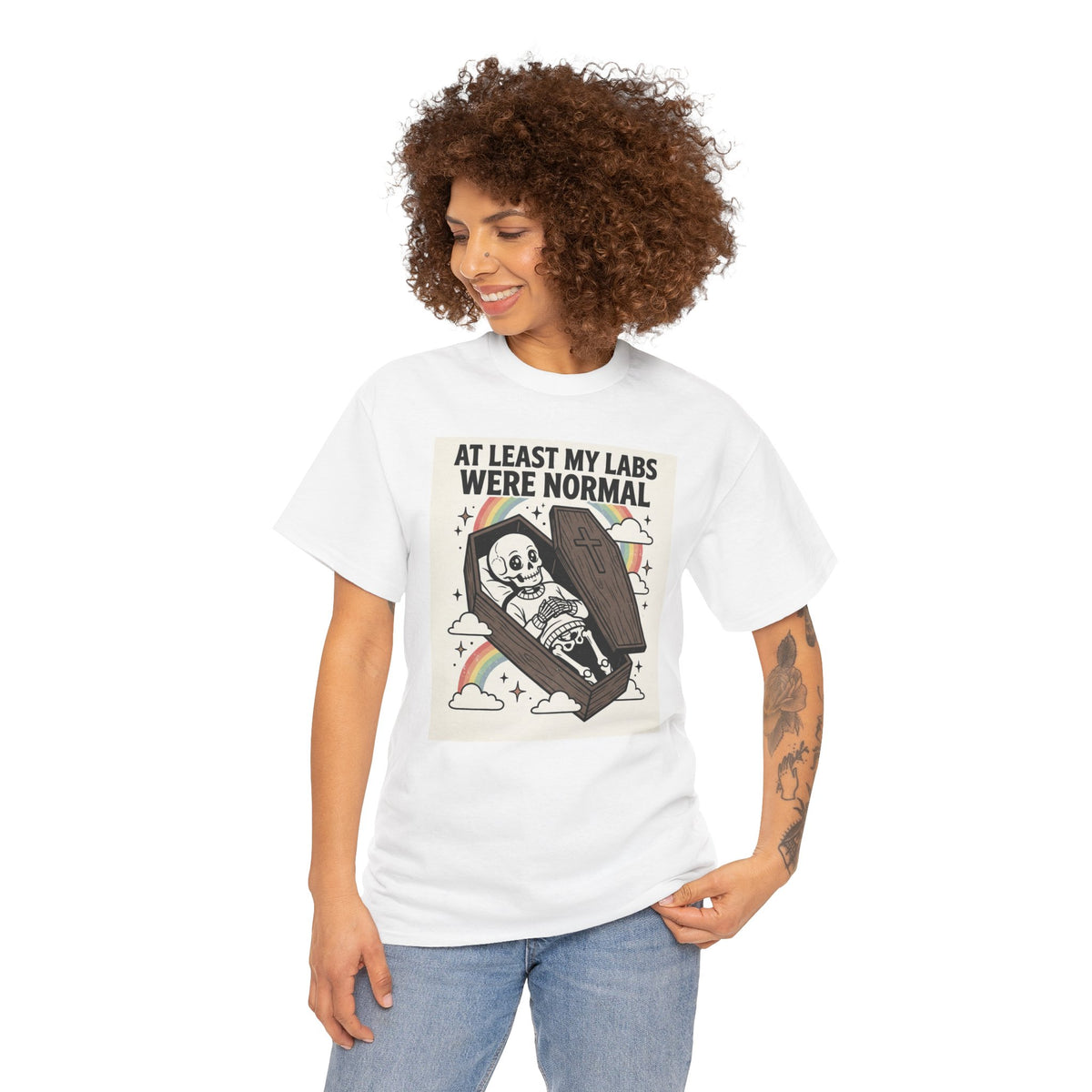 At Least My Labs Were Normal T-Shirt Skeleton in Coffin Medical Humor