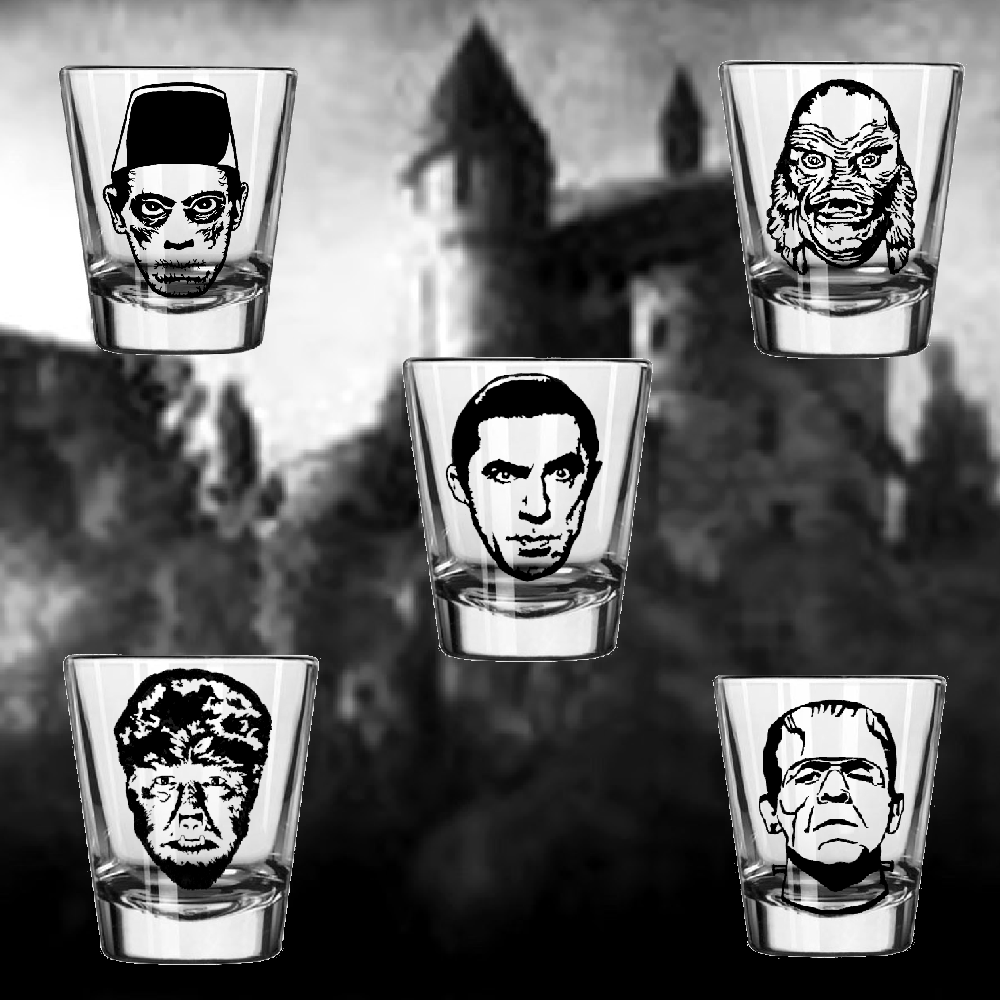 5 Set Universal Monsters Shot Glasses Barware Horror Halloween Metaphysical