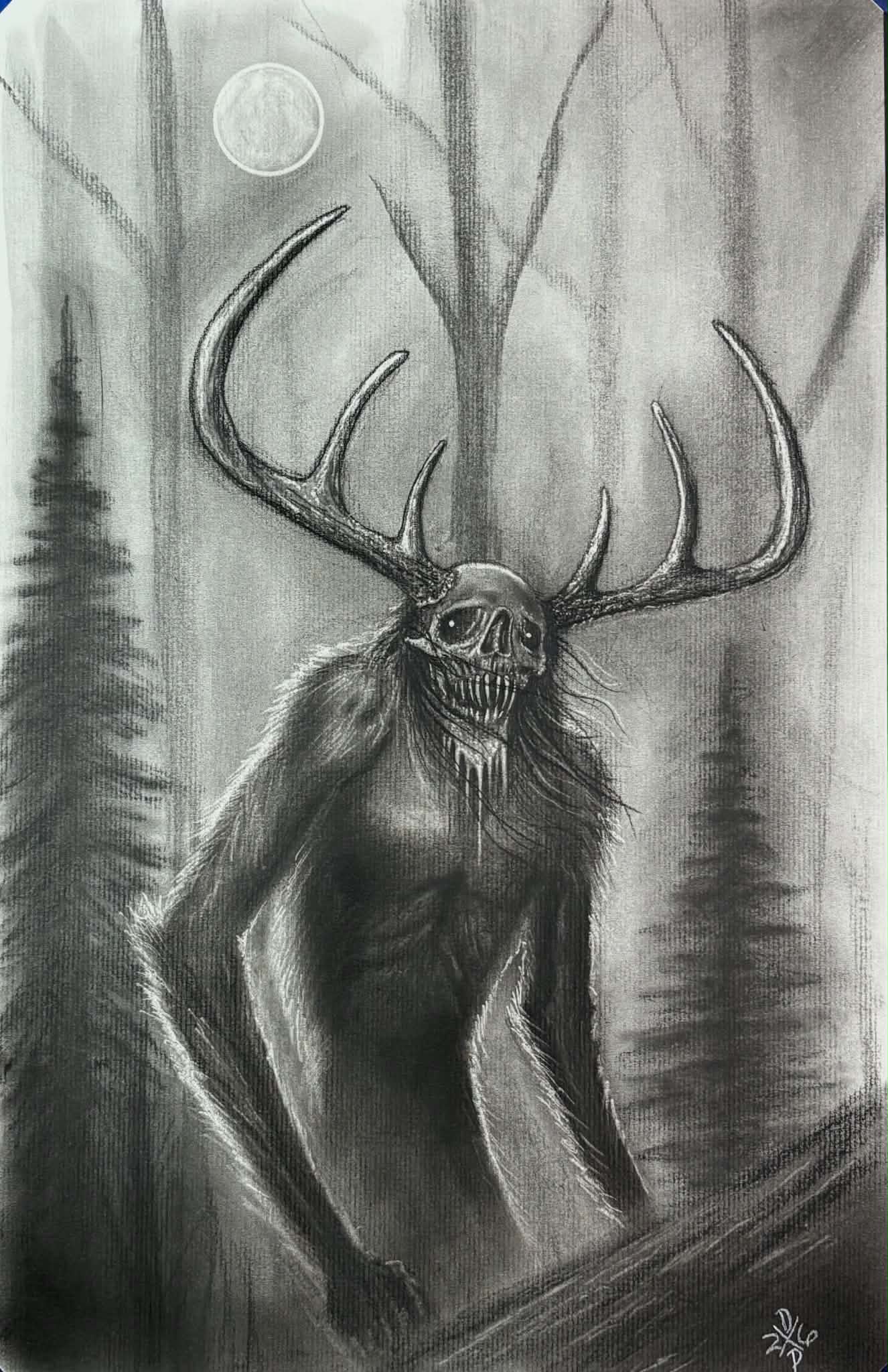 ORIGINAL Wendigo Version 2 Cryptid Charcoal Art Print Wall Hanging Home Decor