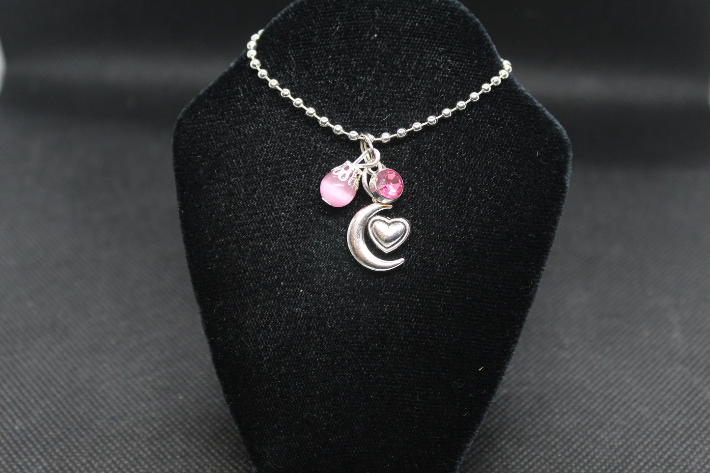 Pink Cat's Eye Heart Moon Necklace Crystal Witch Witchy Jewelry Witchcraft Metaphysical