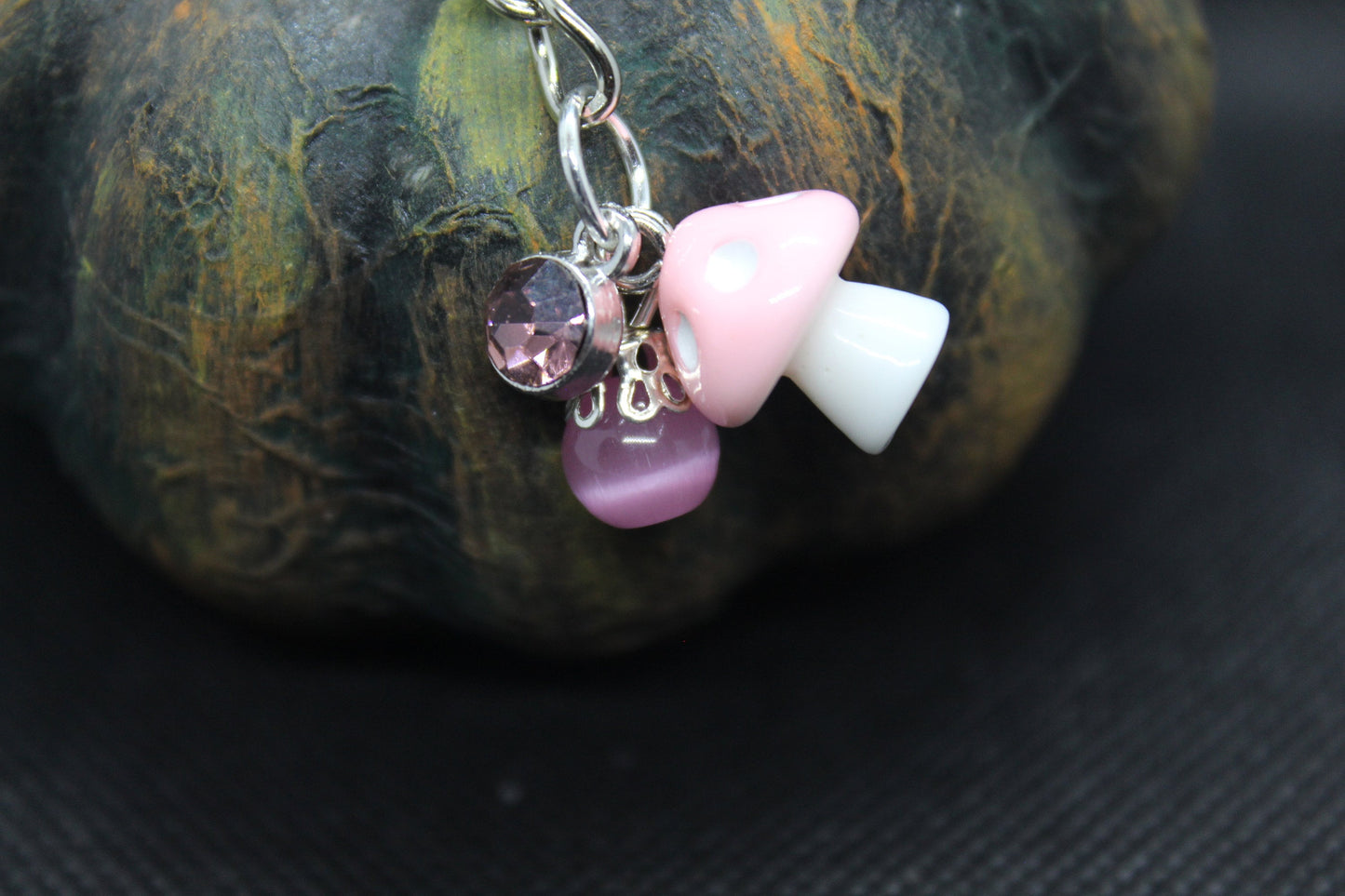 Pink Mushroom Keychain Charm Zipper Pull Crystal Witch Witchy Jewelry Witchcraft Metaphysical