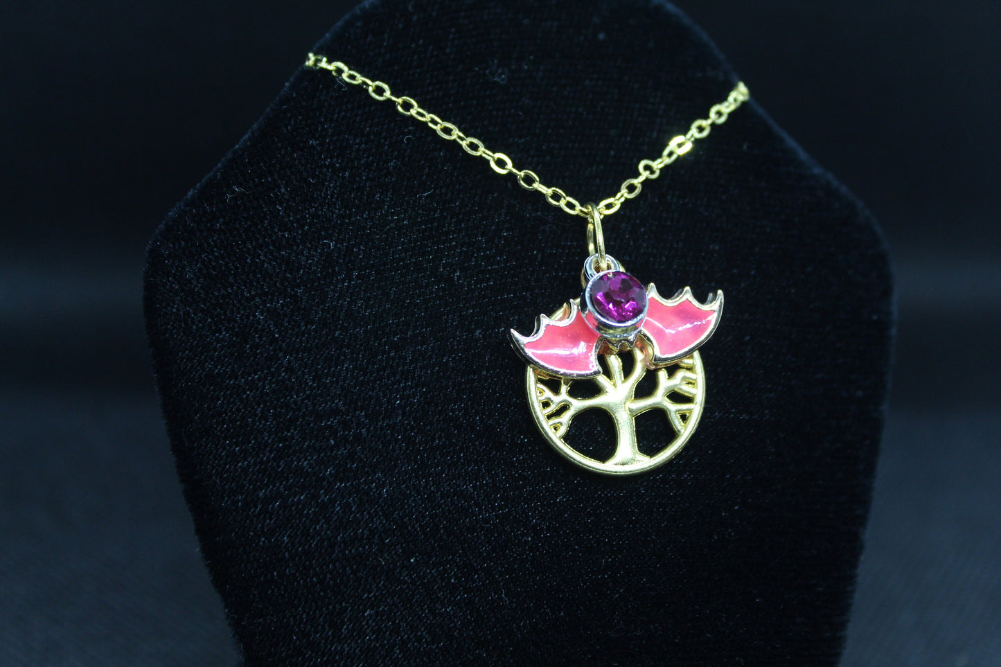 Pink Bat Tree of Life Necklace Crystal Witch Witchy Jewelry Witchcraft Wicca Wiccan Pagan Metaphysical