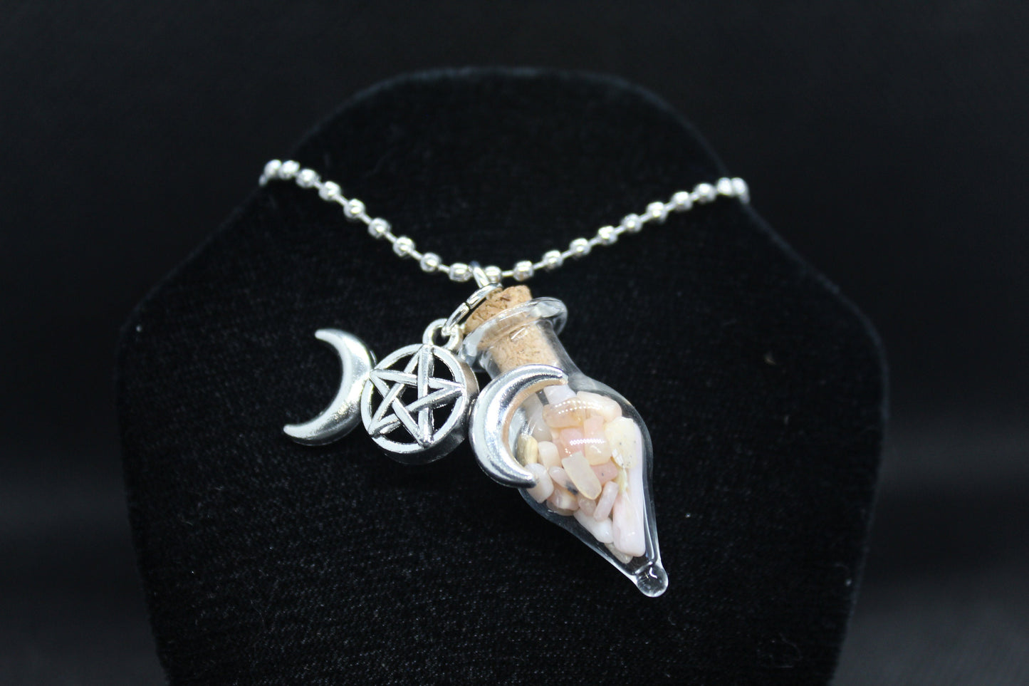 Pink Opal Glass Teardrop Triple Moon Necklace Crystal Witch Witchy Jewelry Witchcraft Wicca Wiccan Pagan Metaphysical