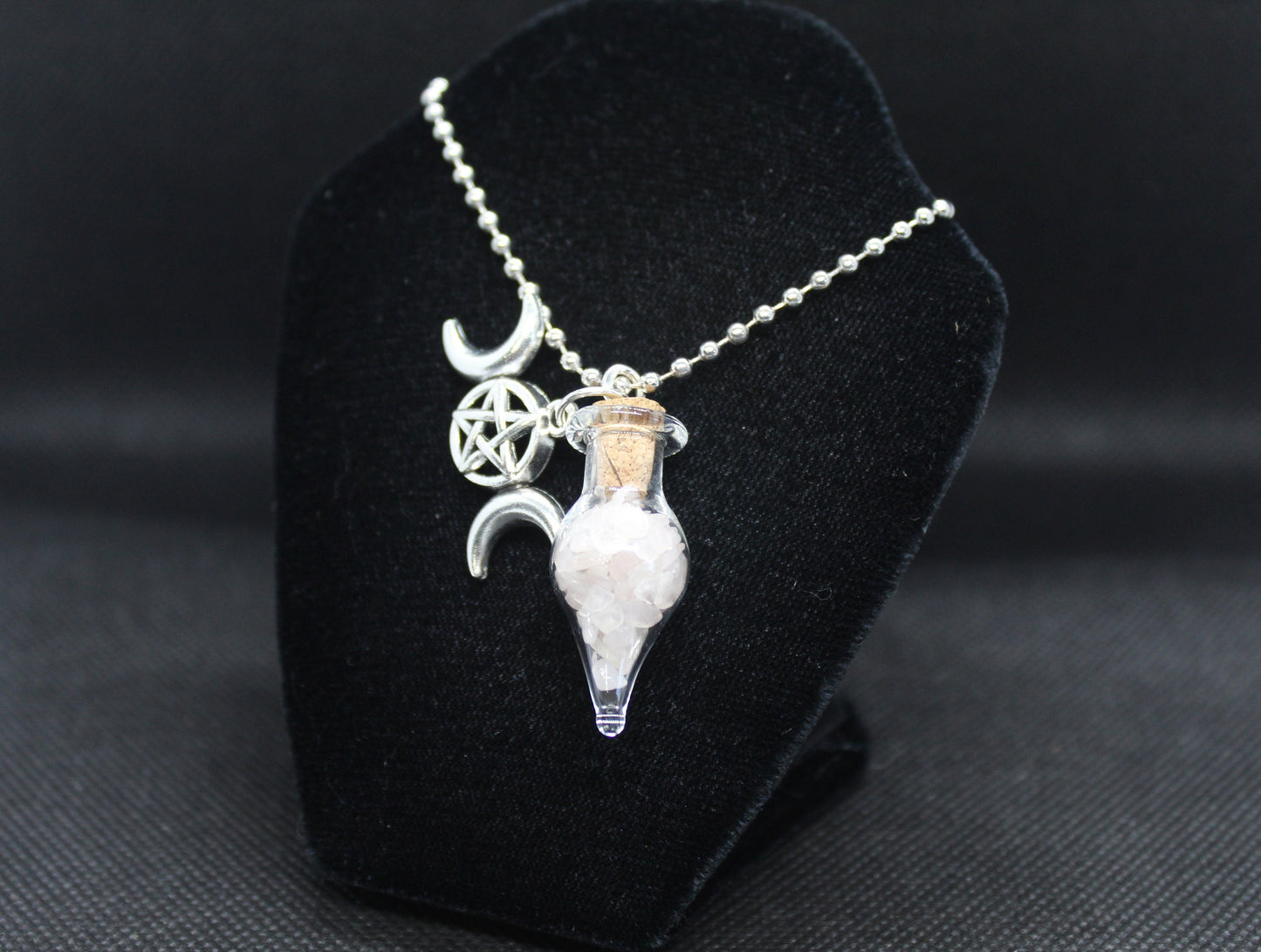 Rose Quartz Glass Teardrop Triple Moon Necklace Crystal Witch Witchy Jewelry Witchcraft Wicca Wiccan Pagan Metaphysical