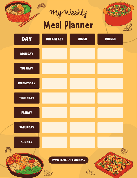 Free Downloadable Weekly Meal Planner with Breakfast, Lunch and Dinner