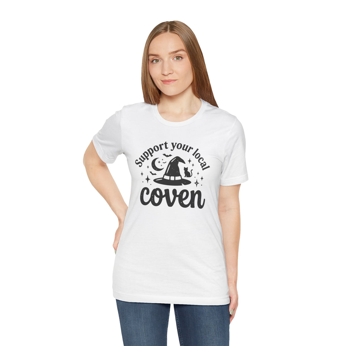 Support Your Local Coven T-Shirt Witch Hat Moon Stars Tee Halloween Spooky