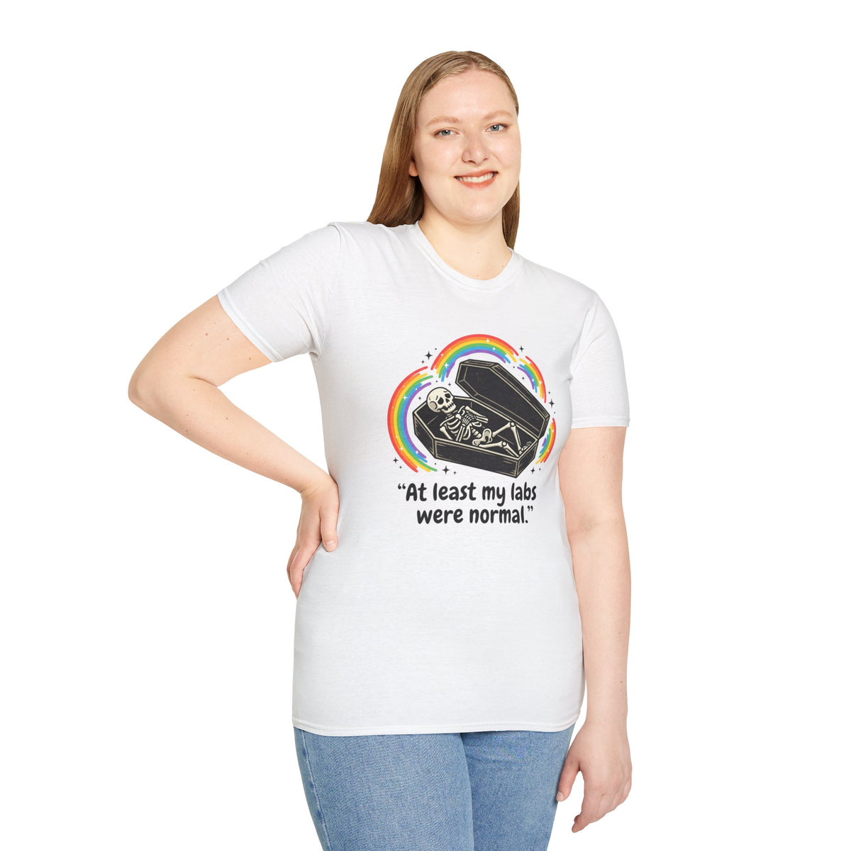 At Least My Labs Were Normal Skeleton in Coffin Rainbow Graphic T-Shirt Funny Medical