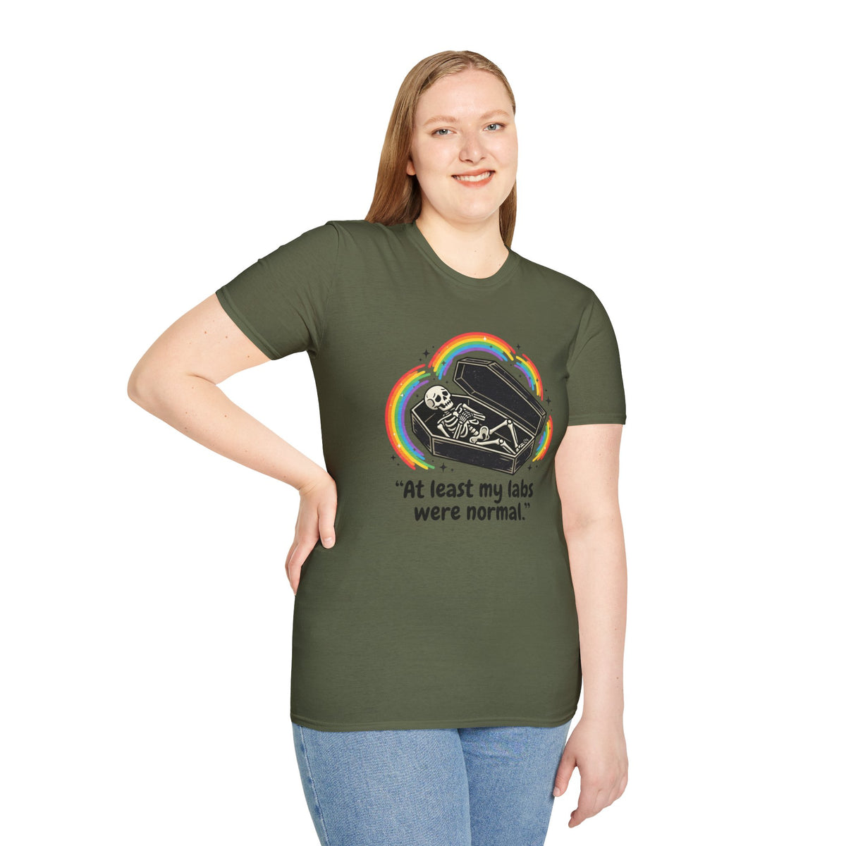 At Least My Labs Were Normal Skeleton in Coffin Rainbow Graphic T-Shirt Funny Medical