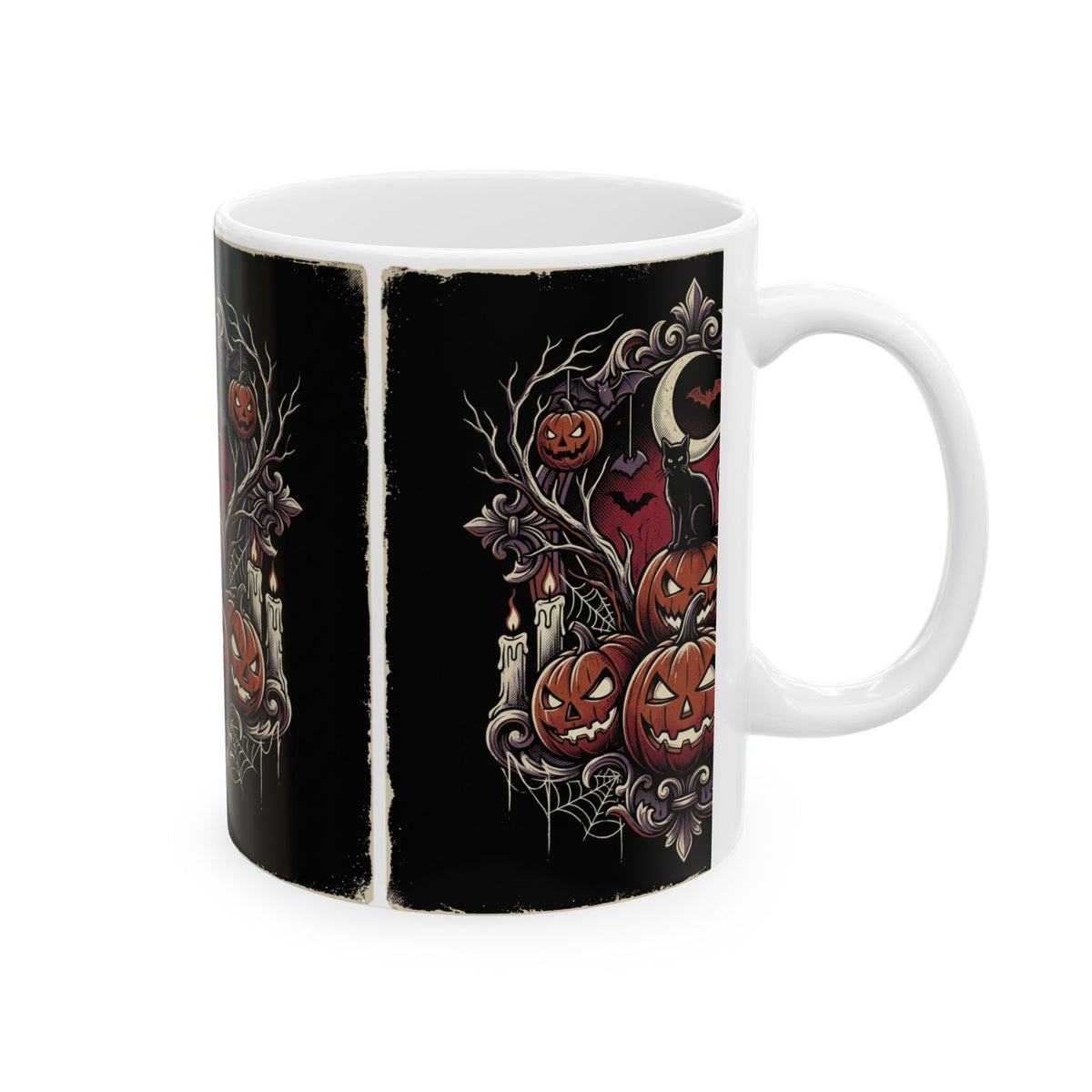 Jack-o'-Lanterns Halloween Pumpkin Mug Spooky Cat and Bats Ceramic Coffee Cup