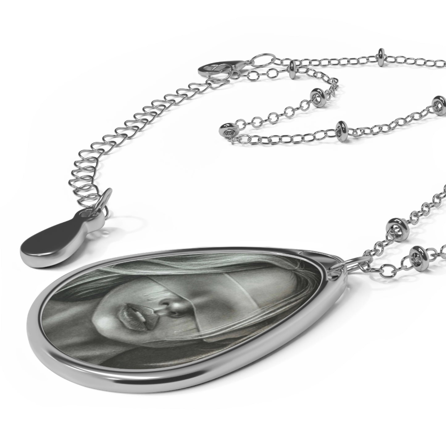 Blindfolded Woman BDSM Erotic Oval Necklace – Gothic Silver Teardrop Pendant Horror