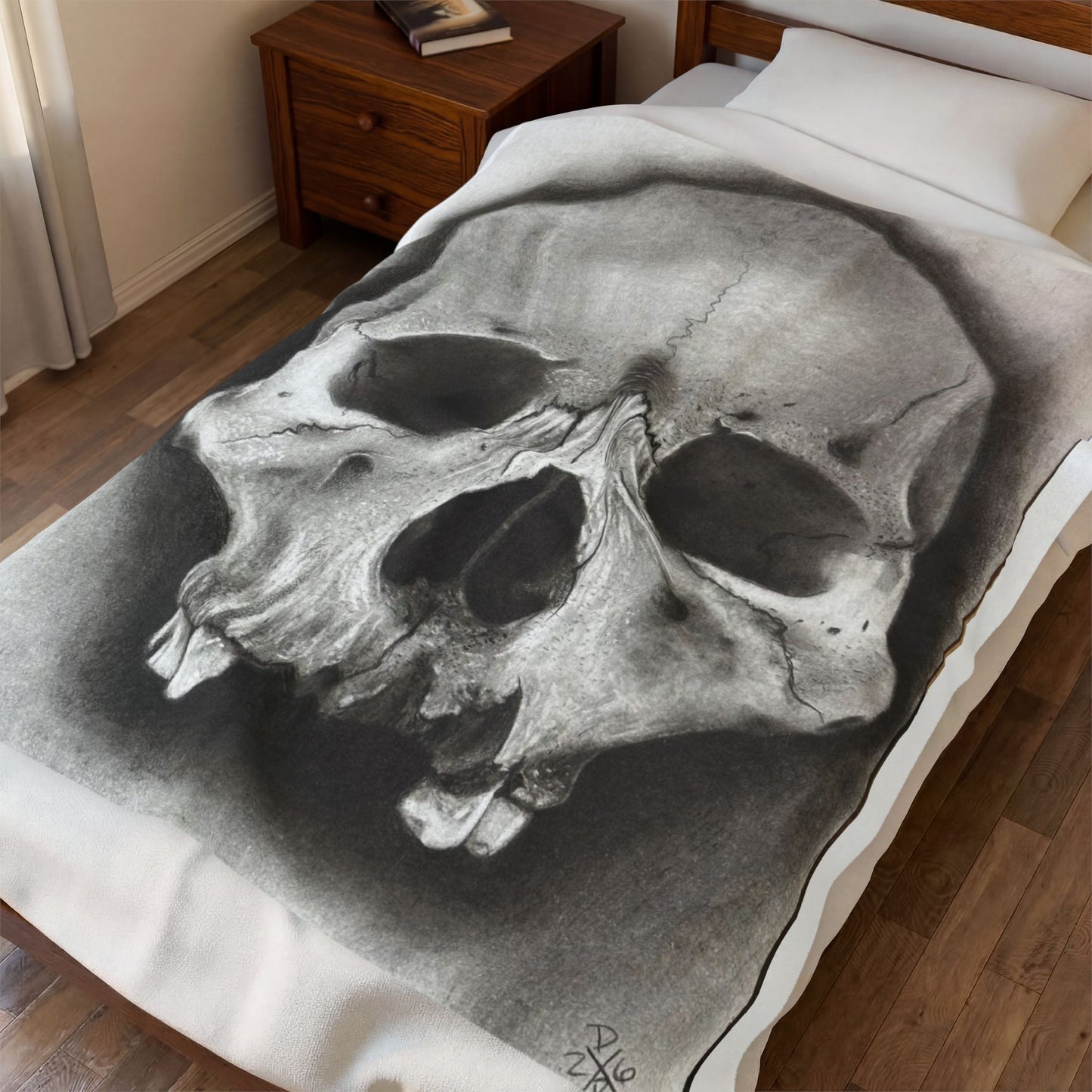 Skull Drawing Velveteen Plush Blanket | Anatomical Skull Artwork