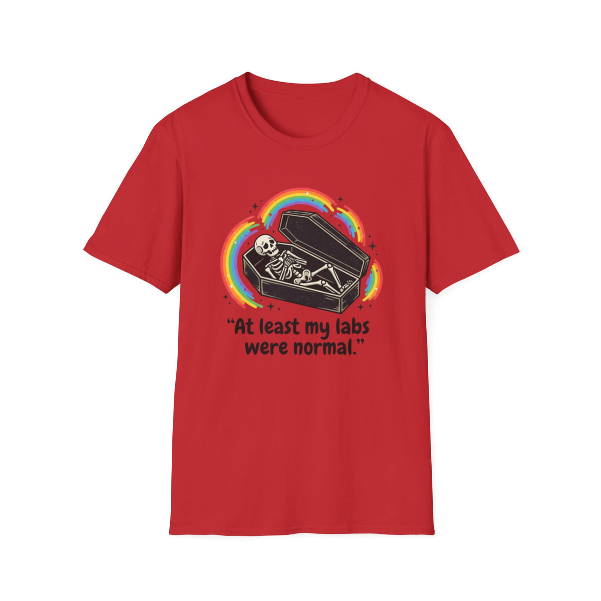 At Least My Labs Were Normal Skeleton in Coffin Rainbow Graphic T-Shirt Funny Medical