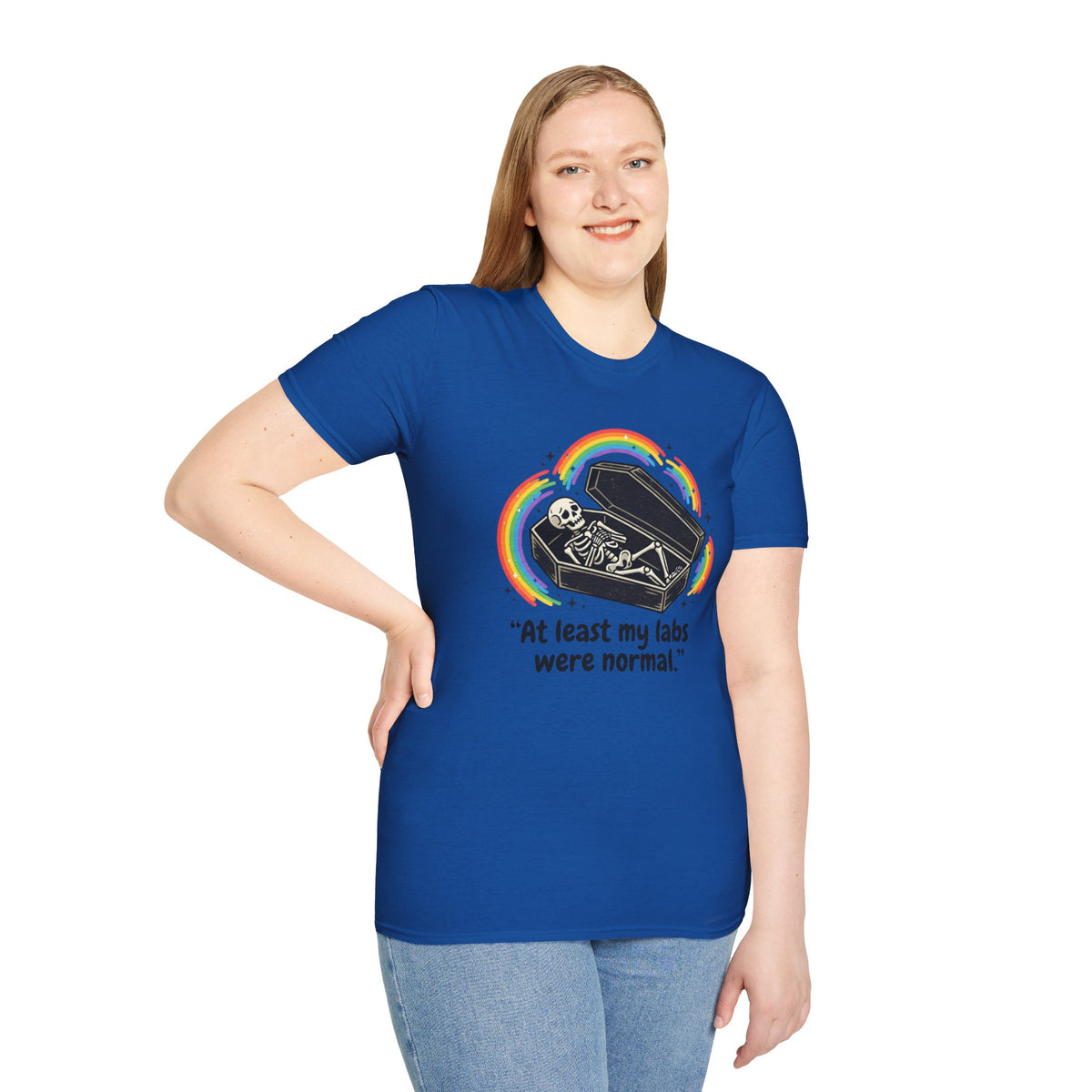 At Least My Labs Were Normal Skeleton in Coffin Rainbow Graphic T-Shirt Funny Medical