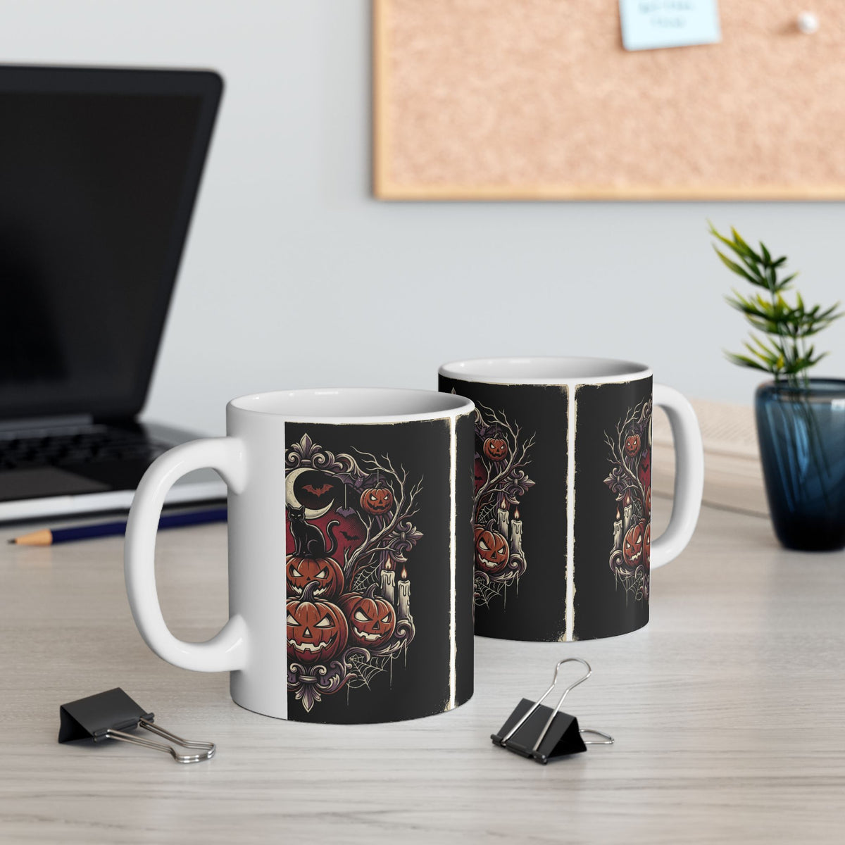 Jack-o'-Lanterns Halloween Pumpkin Mug Spooky Cat and Bats Ceramic Coffee Cup