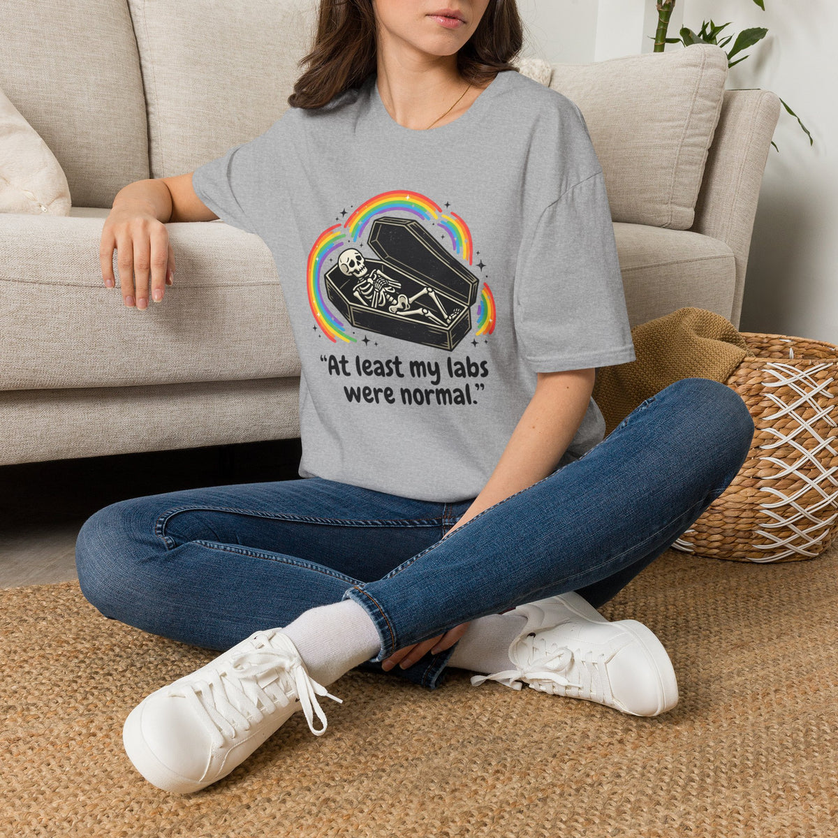 At Least My Labs Were Normal Skeleton in Coffin Rainbow Graphic T-Shirt Funny Medical