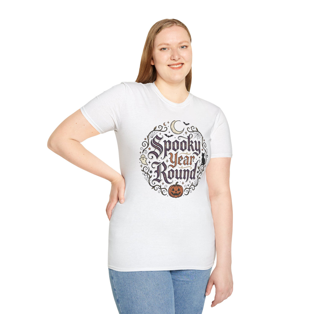 Spooky Year Round T-Shirt Halloween Script Pumpkin Moon Goth Alternative Clothing