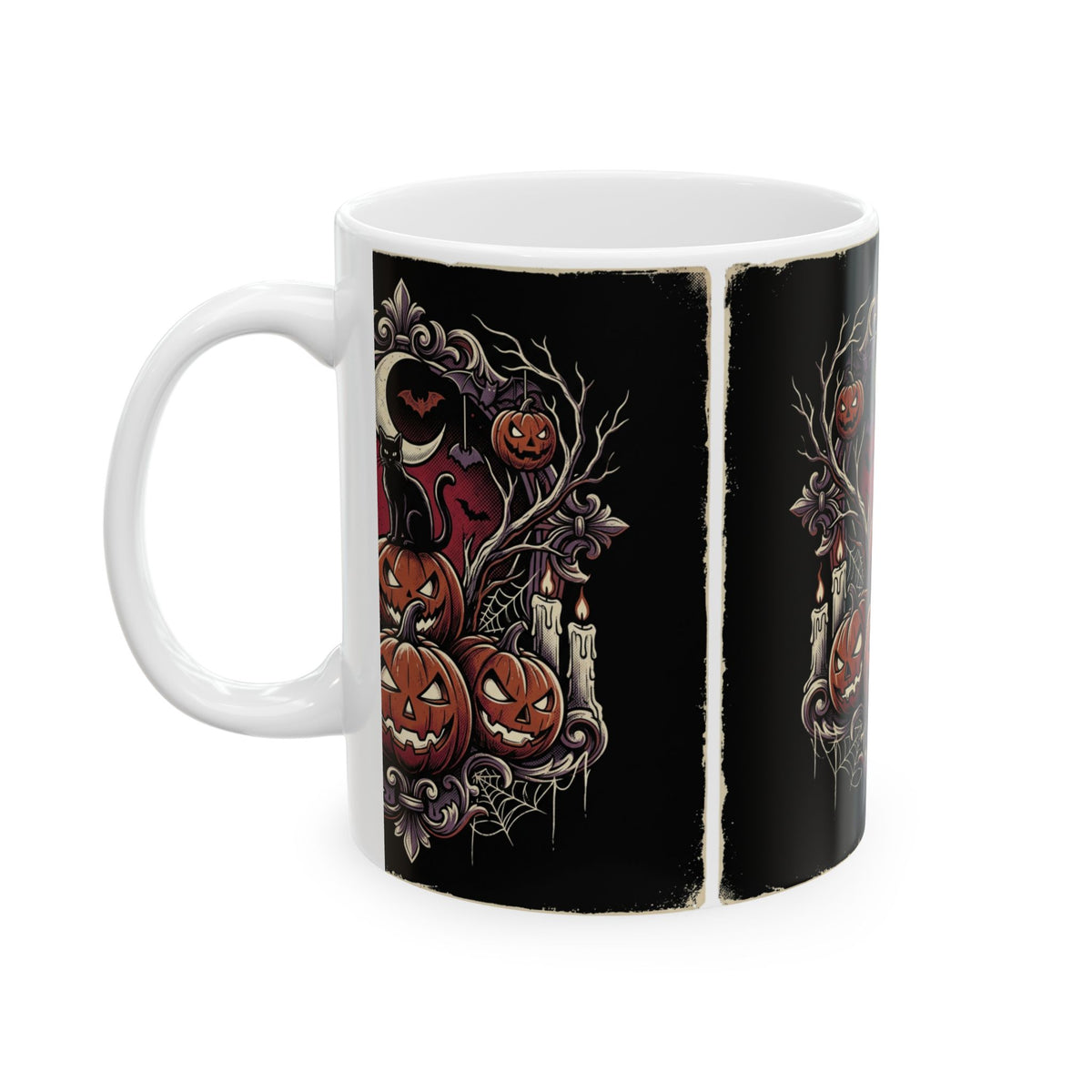 Jack-o'-Lanterns Halloween Pumpkin Mug Spooky Cat and Bats Ceramic Coffee Cup