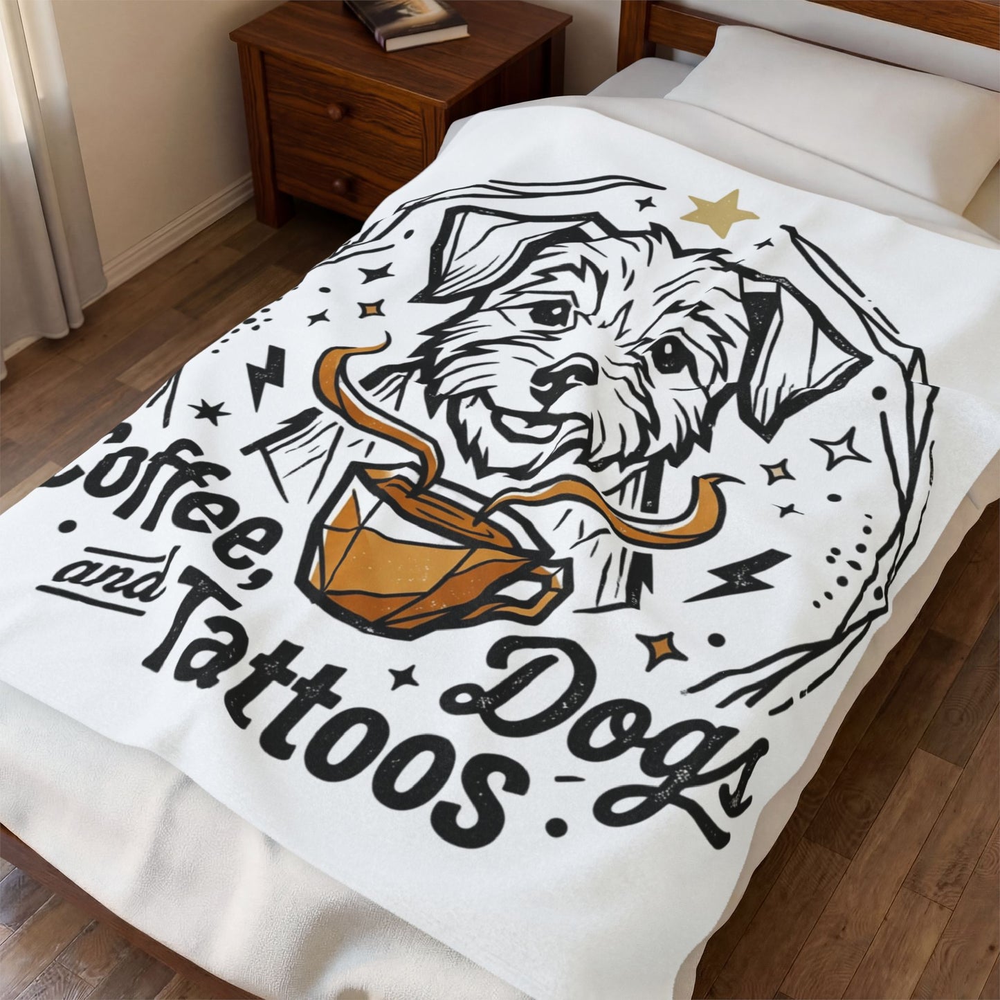Coffee Dogs and Tattoos Velveteen Plush Blanket Home Decor Throw