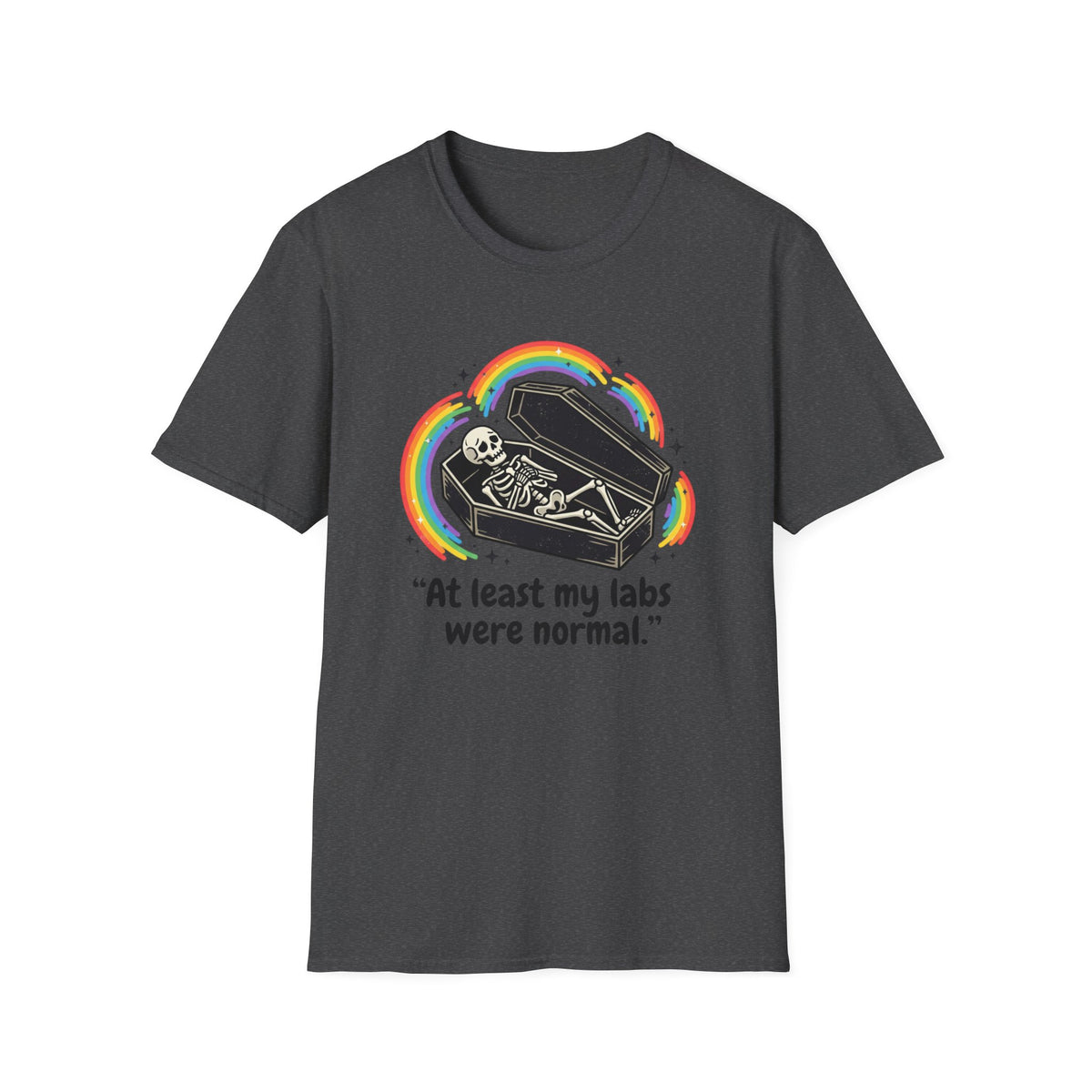 At Least My Labs Were Normal Skeleton in Coffin Rainbow Graphic T-Shirt Funny Medical