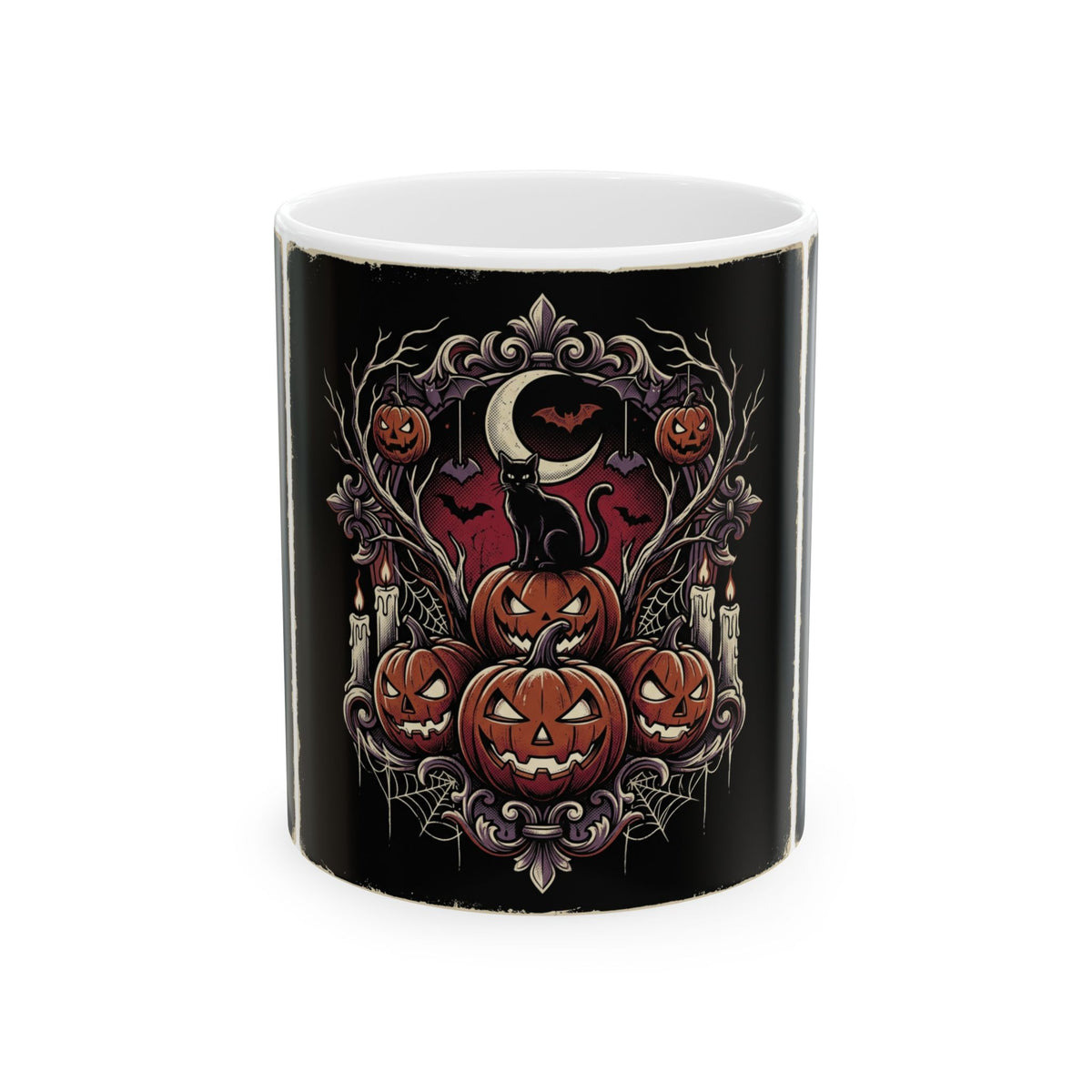 Jack-o'-Lanterns Halloween Pumpkin Mug Spooky Cat and Bats Ceramic Coffee Cup
