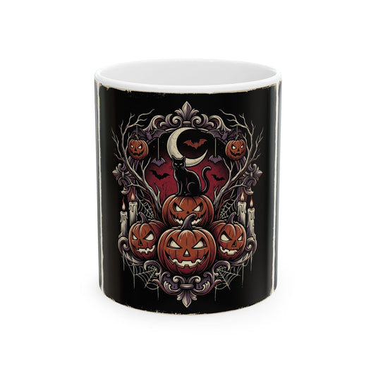 Jack-o'-Lanterns Halloween Pumpkin Mug Spooky Cat and Bats Ceramic Coffee Cup