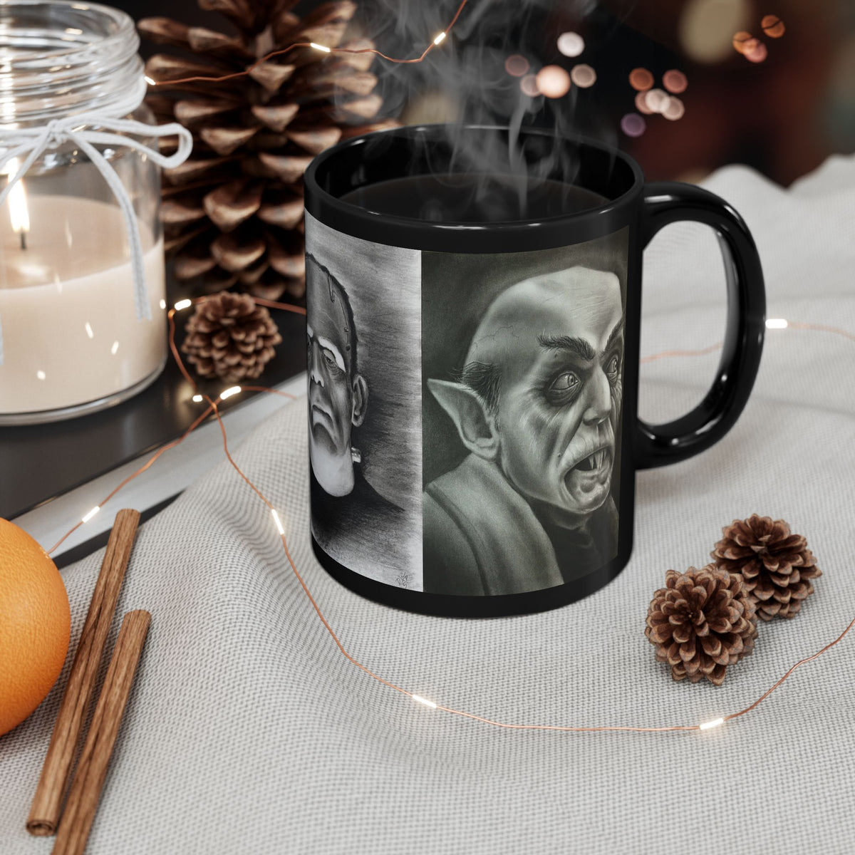 Triple Classic Horror Mug Frankenstein Dracula Nosferatu Black Coffee Cup