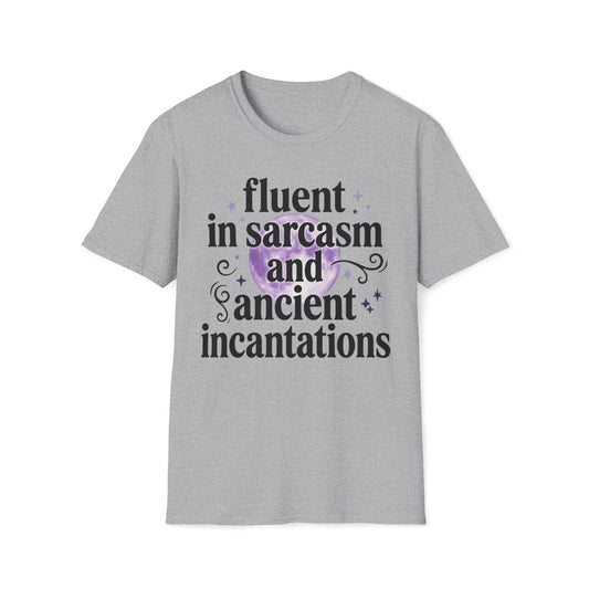 Fluent in Sarcasm and Ancient Incantations T-Shirt Sarcastic Witch Tee Goth Horror