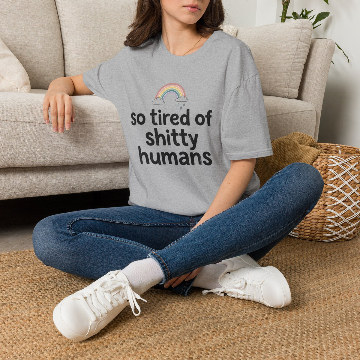 So Tired of Shitty Humans T-Shirt Funny Sarcastic Rainbow Graphic Tee Clothing
