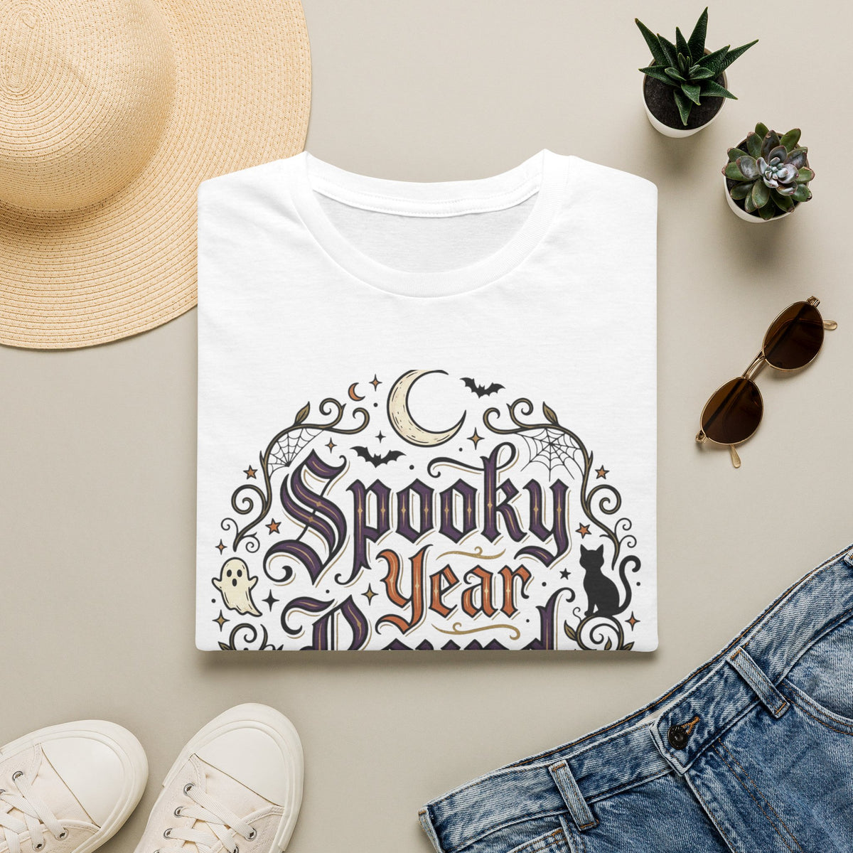 Spooky Year Round T-Shirt Halloween Script Pumpkin Moon Goth Alternative Clothing