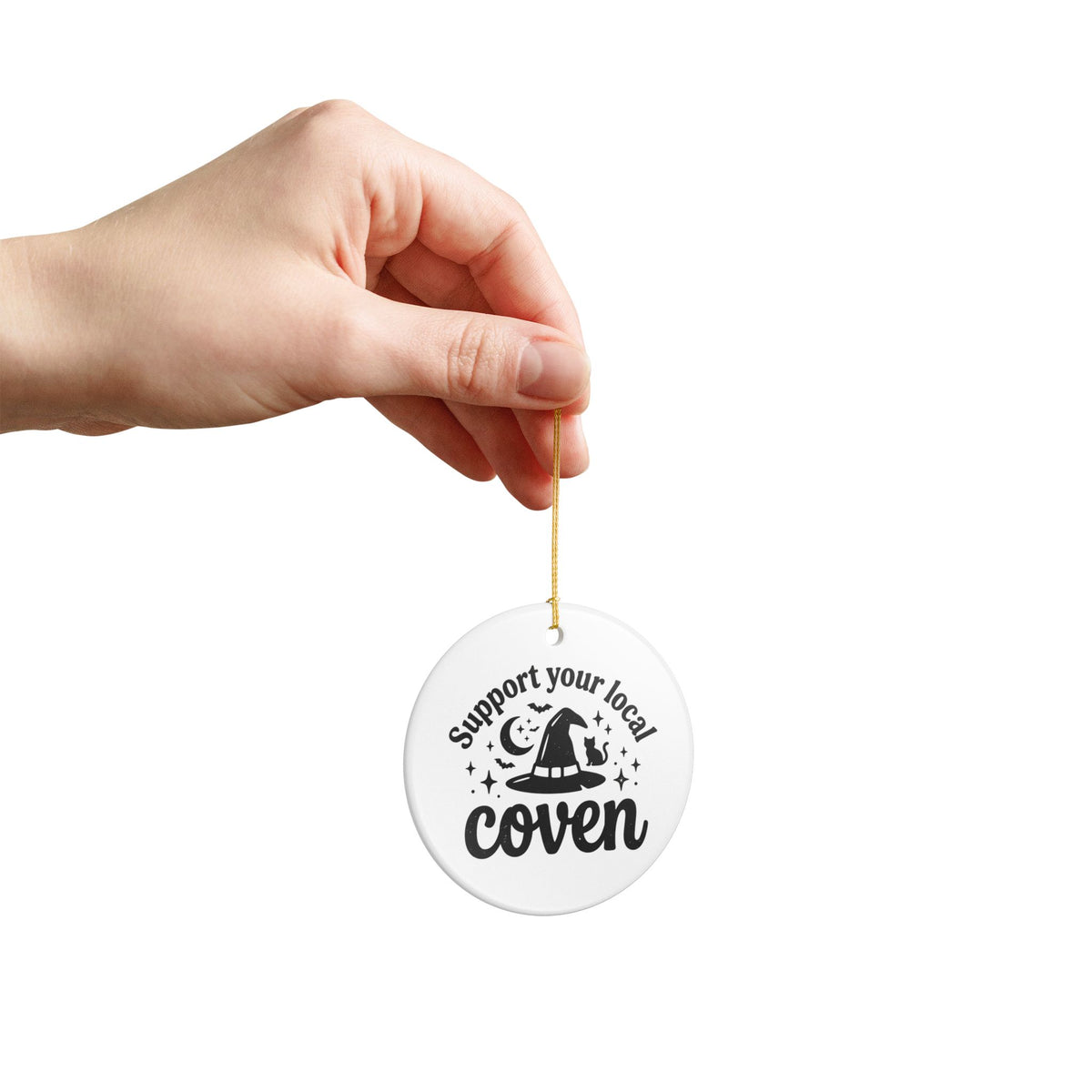 Support Your Local Coven Ceramic Ornament Witch Hat Cat Moon Christmas Yule
