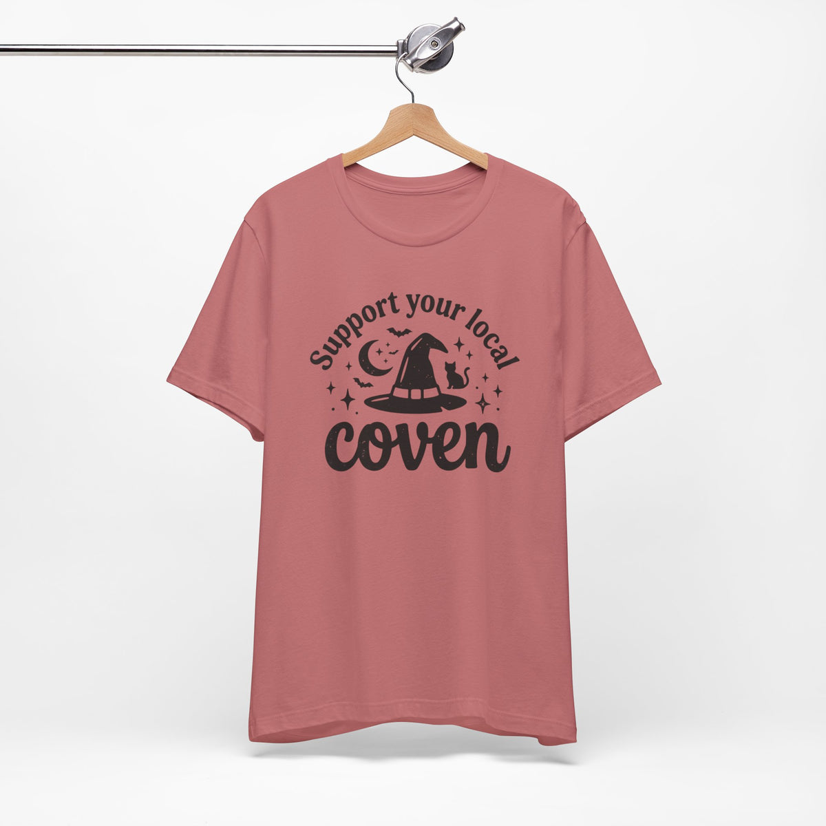 Support Your Local Coven T-Shirt Witch Hat Moon Stars Tee Halloween Spooky