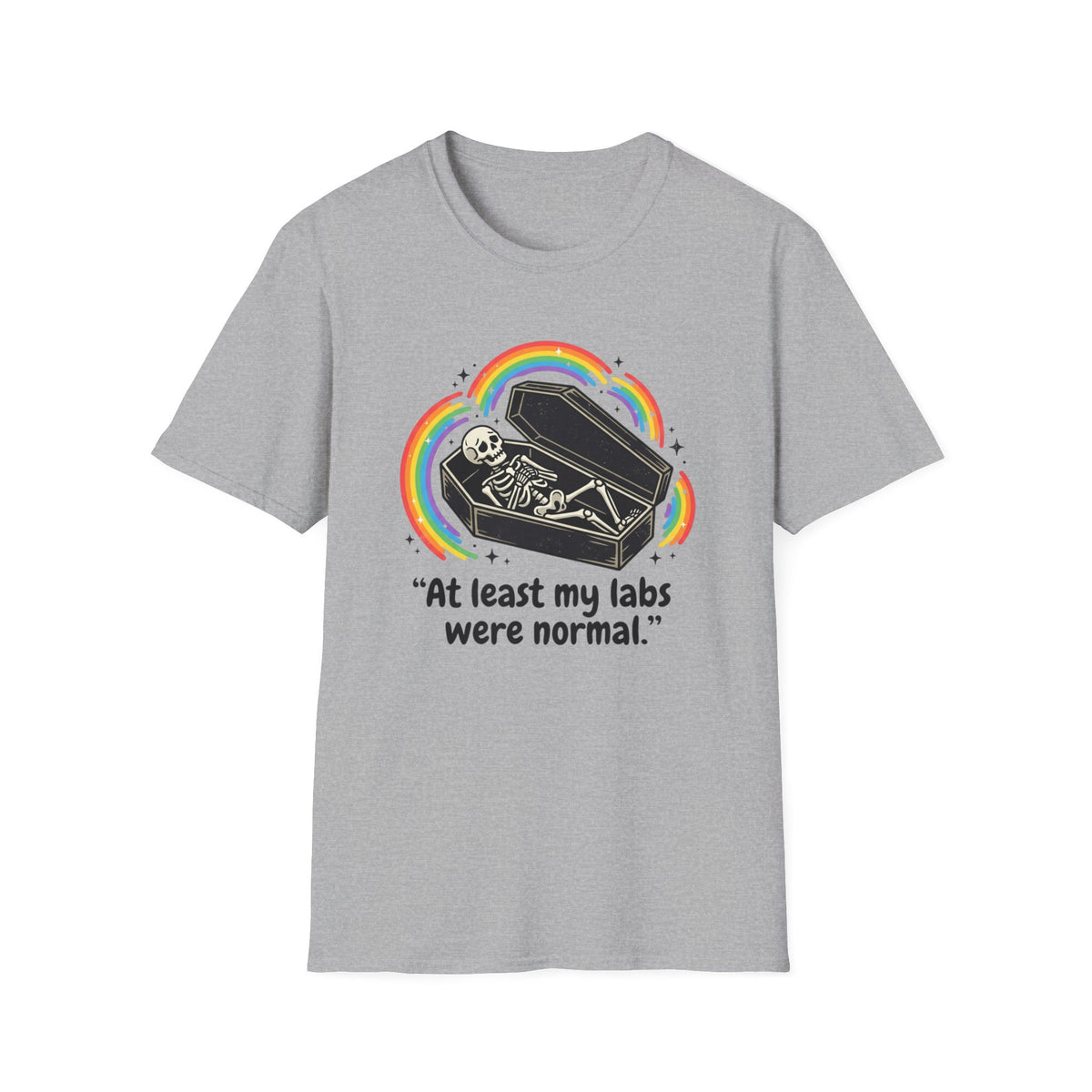 At Least My Labs Were Normal Skeleton in Coffin Rainbow Graphic T-Shirt Funny Medical