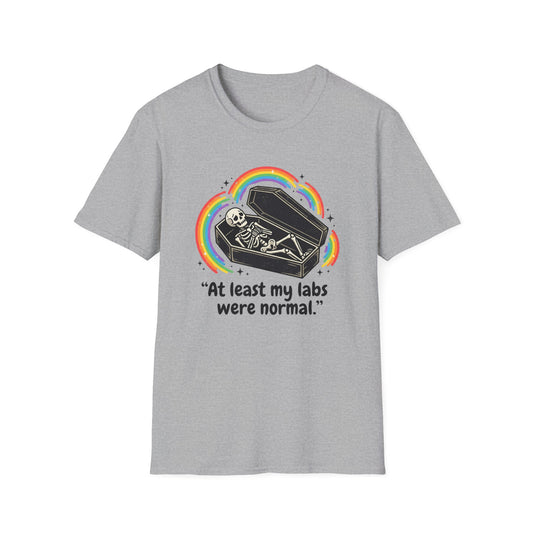 At Least My Labs Were Normal Skeleton in Coffin Rainbow Graphic T-Shirt Funny Medical