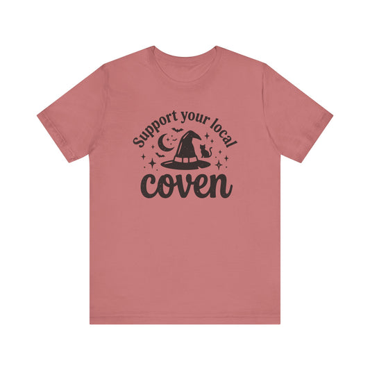 Support Your Local Coven T-Shirt Witch Hat Moon Stars Tee Halloween Spooky