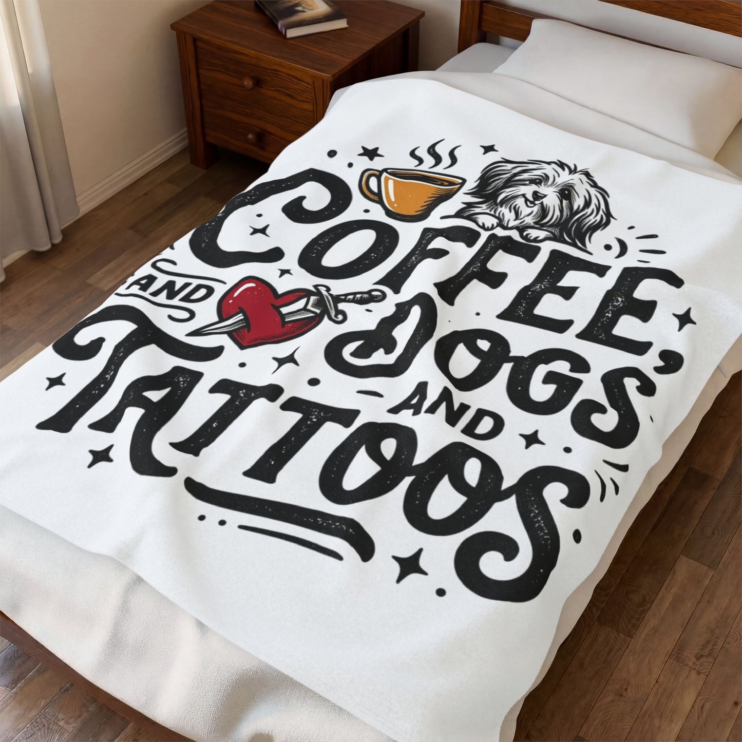 Coffee Dogs and Tattoos Velveteen Blanket | Dog Lover Coffee Design