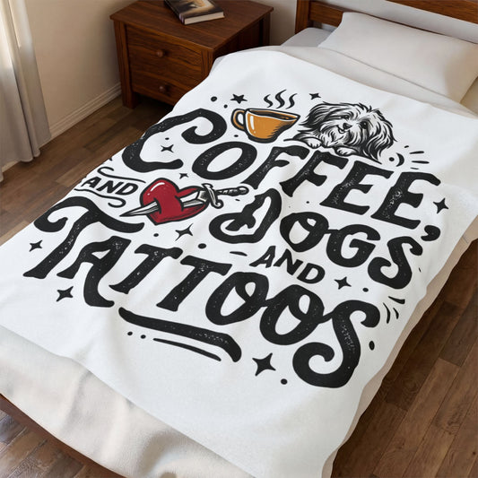 Coffee Dogs and Tattoos Velveteen Blanket | Dog Lover Coffee Design