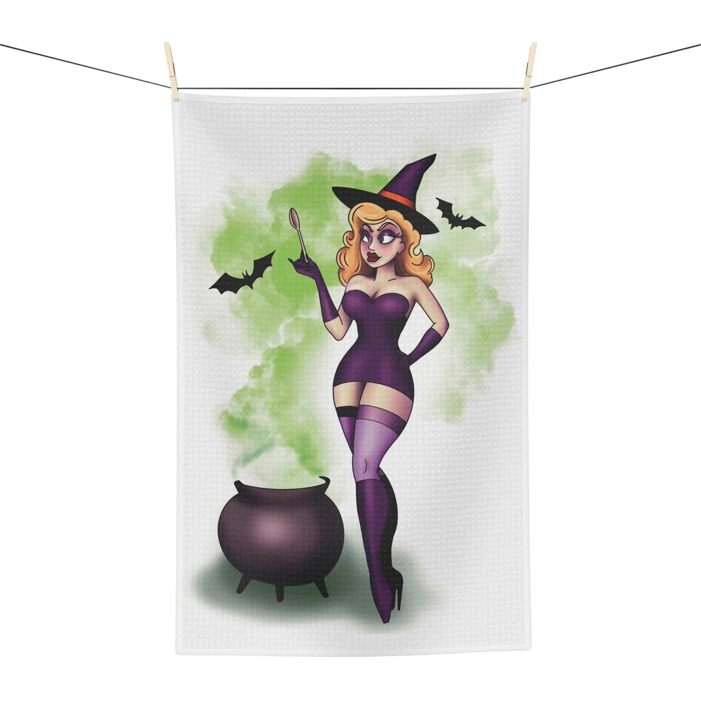 Pin-Up Witch Tea Towel — Vintage Halloween Kitchen Towel with Cauldron & Bats