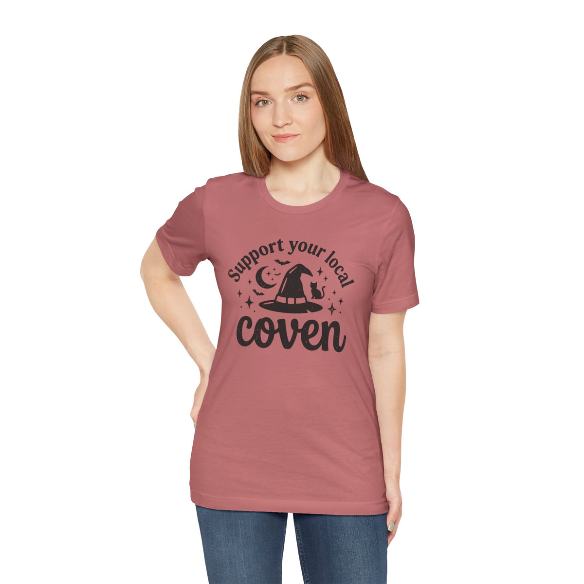 Support Your Local Coven T-Shirt Witch Hat Moon Stars Tee Halloween Spooky