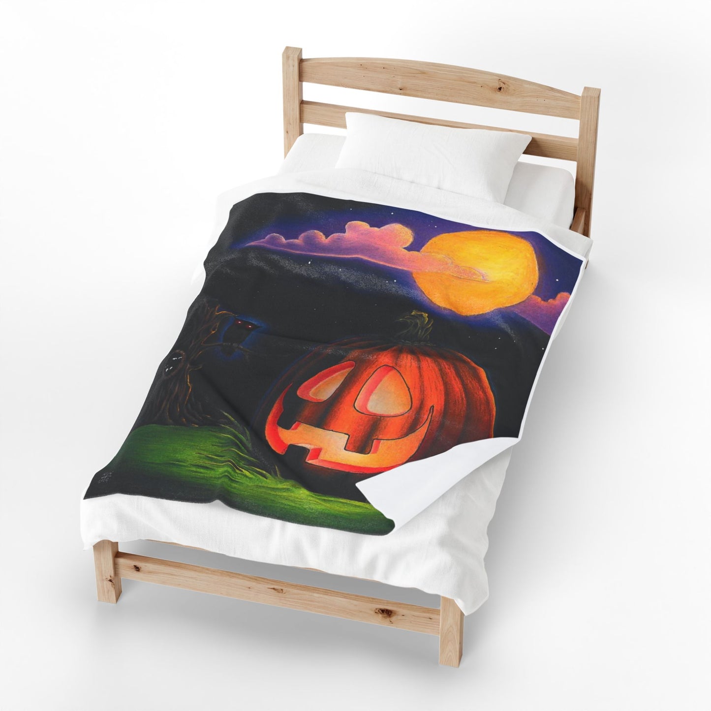 Halloween Pumpkin Velveteen Plush Blanket – Jack-O’-Lantern Moonlit Throw Home Decor