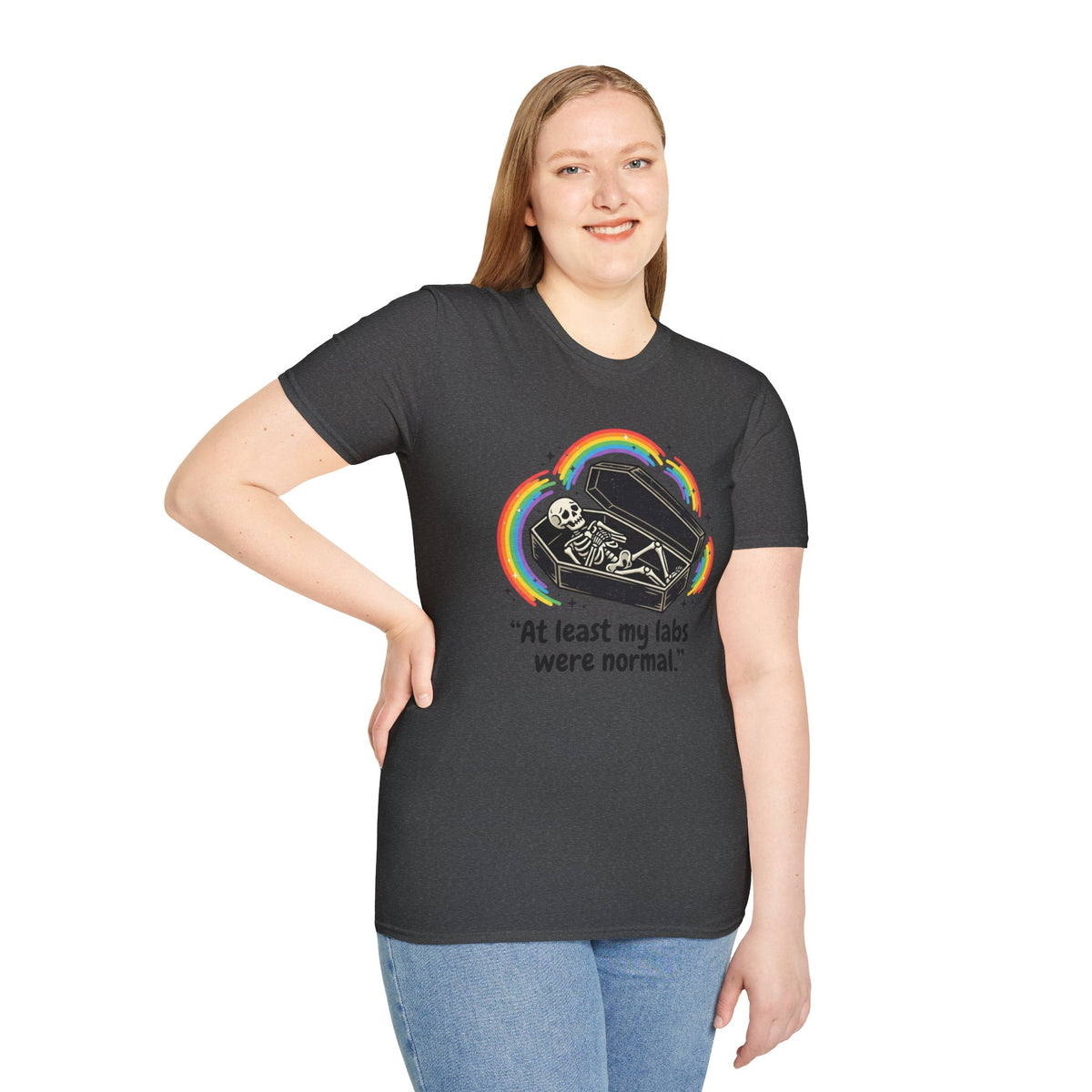 At Least My Labs Were Normal Skeleton in Coffin Rainbow Graphic T-Shirt Funny Medical