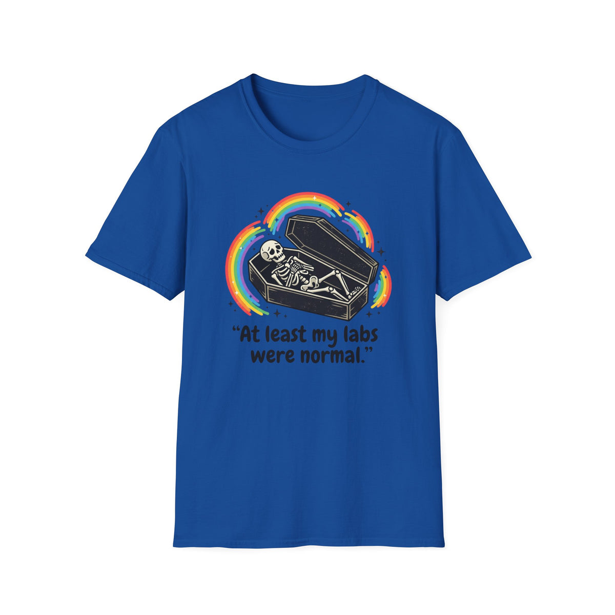 At Least My Labs Were Normal Skeleton in Coffin Rainbow Graphic T-Shirt Funny Medical