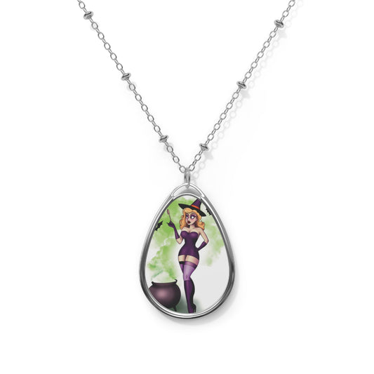 Witch Pinup Oval Necklace — Original Art Halloween Spooky Jewelry