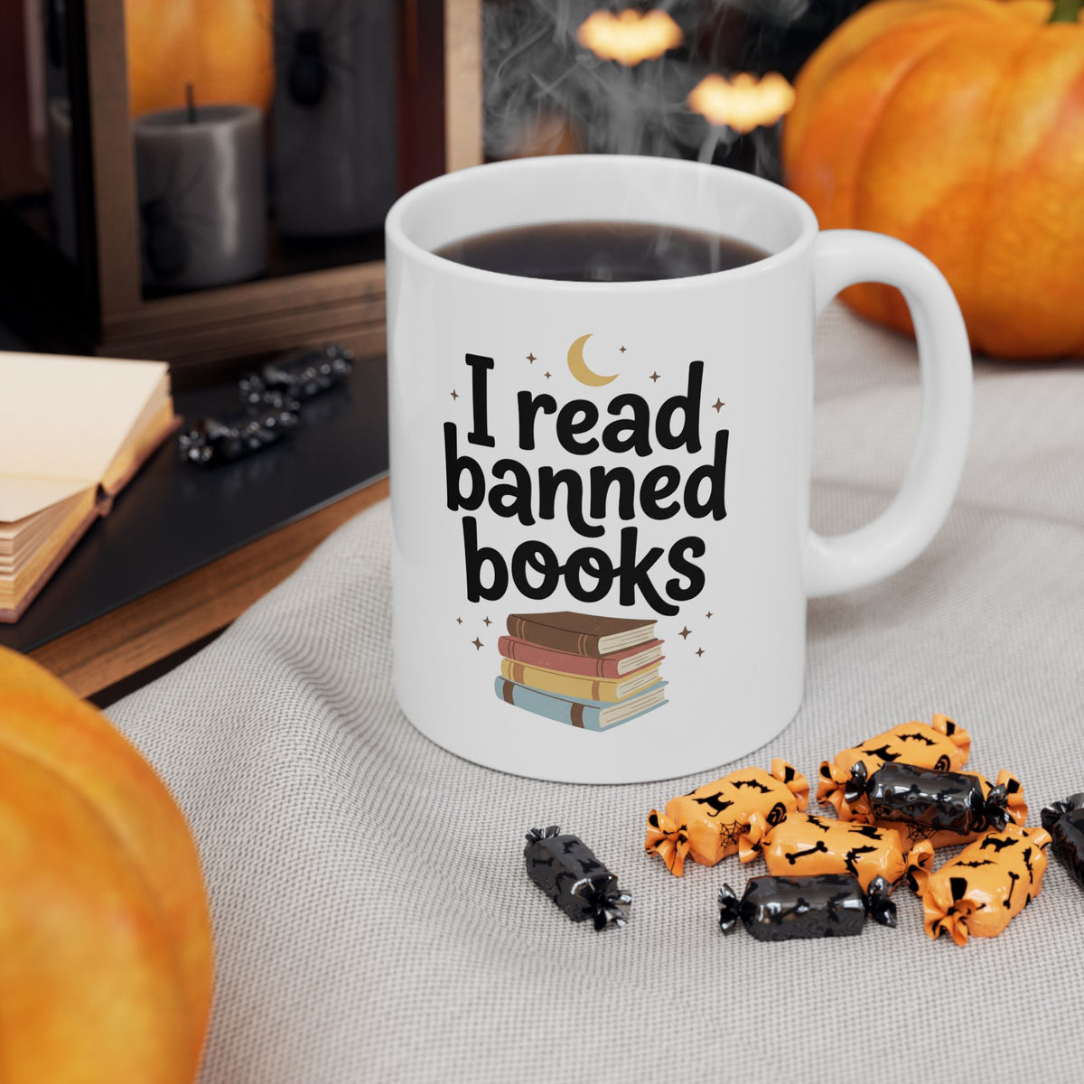 I Read Banned Books Mug Ceramic Coffee Cup Book Lovers Library Literary