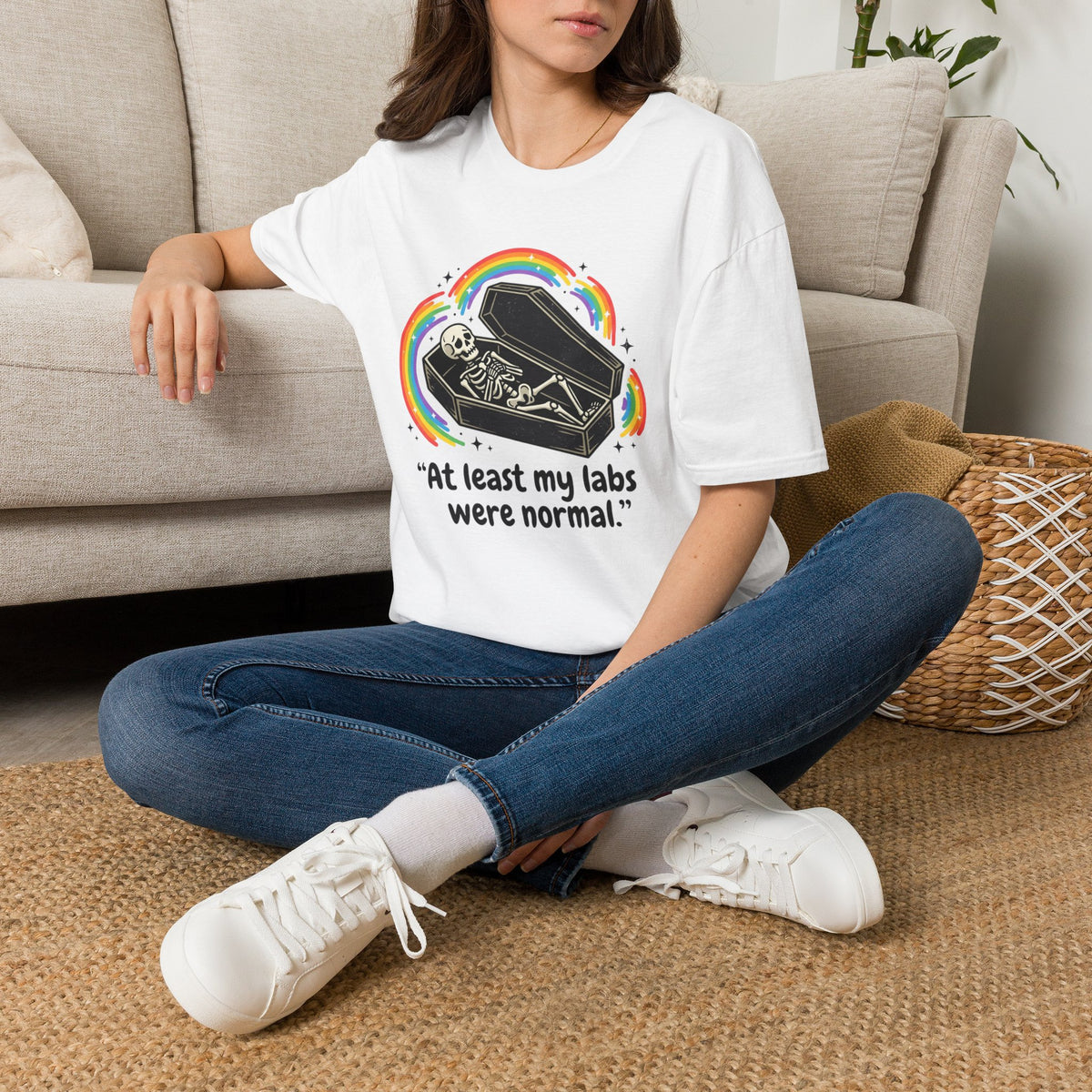 At Least My Labs Were Normal Skeleton in Coffin Rainbow Graphic T-Shirt Funny Medical