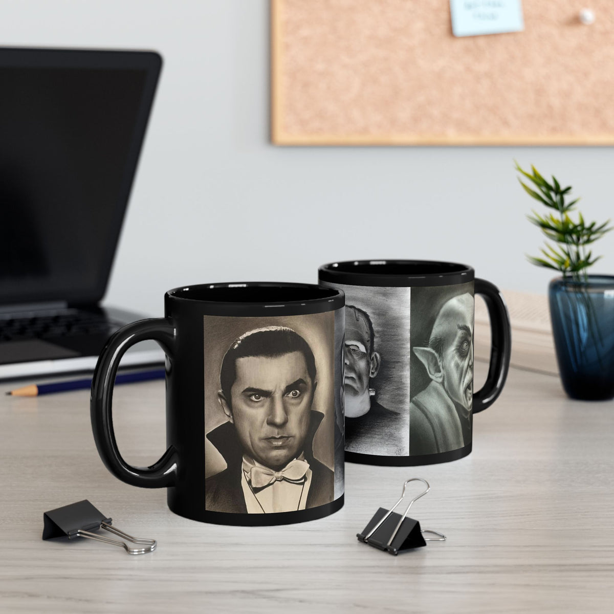 Triple Classic Horror Mug Frankenstein Dracula Nosferatu Black Coffee Cup
