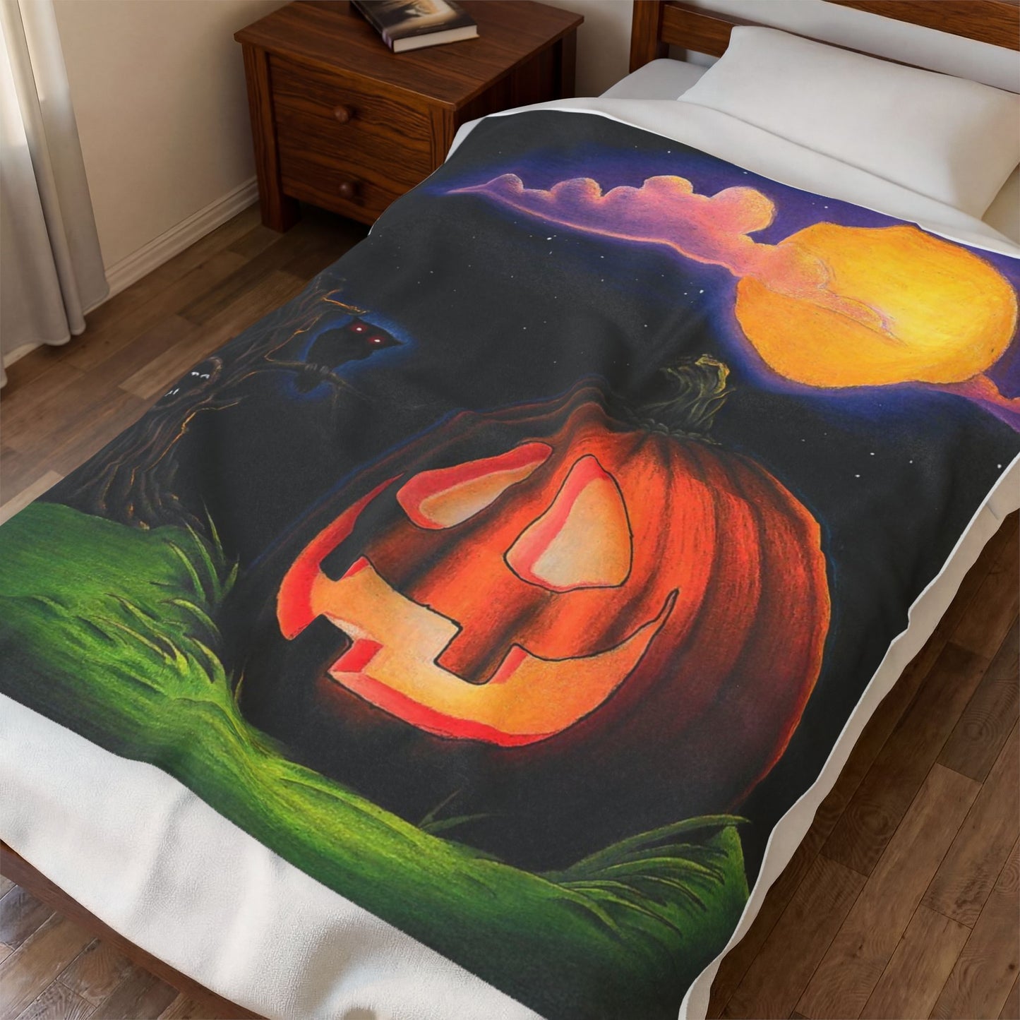 Halloween Pumpkin Velveteen Plush Blanket – Jack-O’-Lantern Moonlit Throw Home Decor