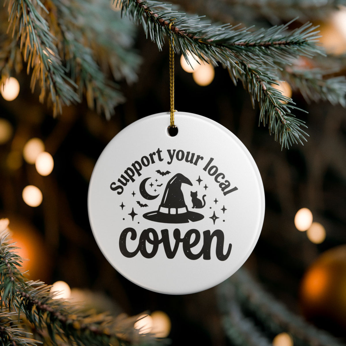 Support Your Local Coven Ceramic Ornament Witch Hat Cat Moon Christmas Yule
