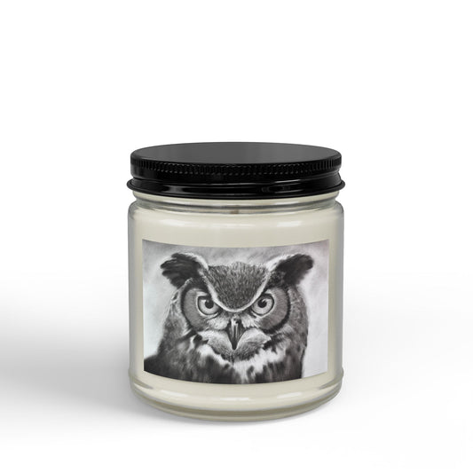 Owl Original Art Work Soy Candle — Black-Lid Jar (4oz & 9oz) Animal Wildlife Home Decor